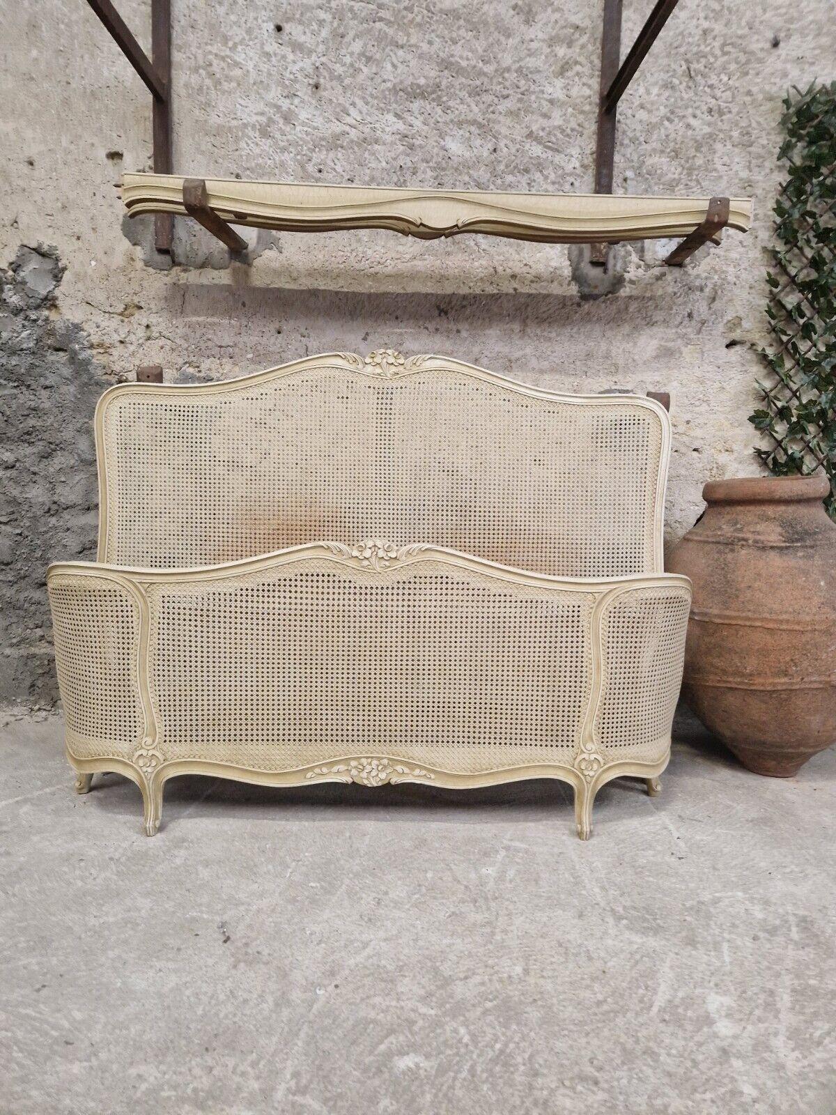 Wood Antique Cane French Bed Corbeille Cream Lacquer Louis XV Style