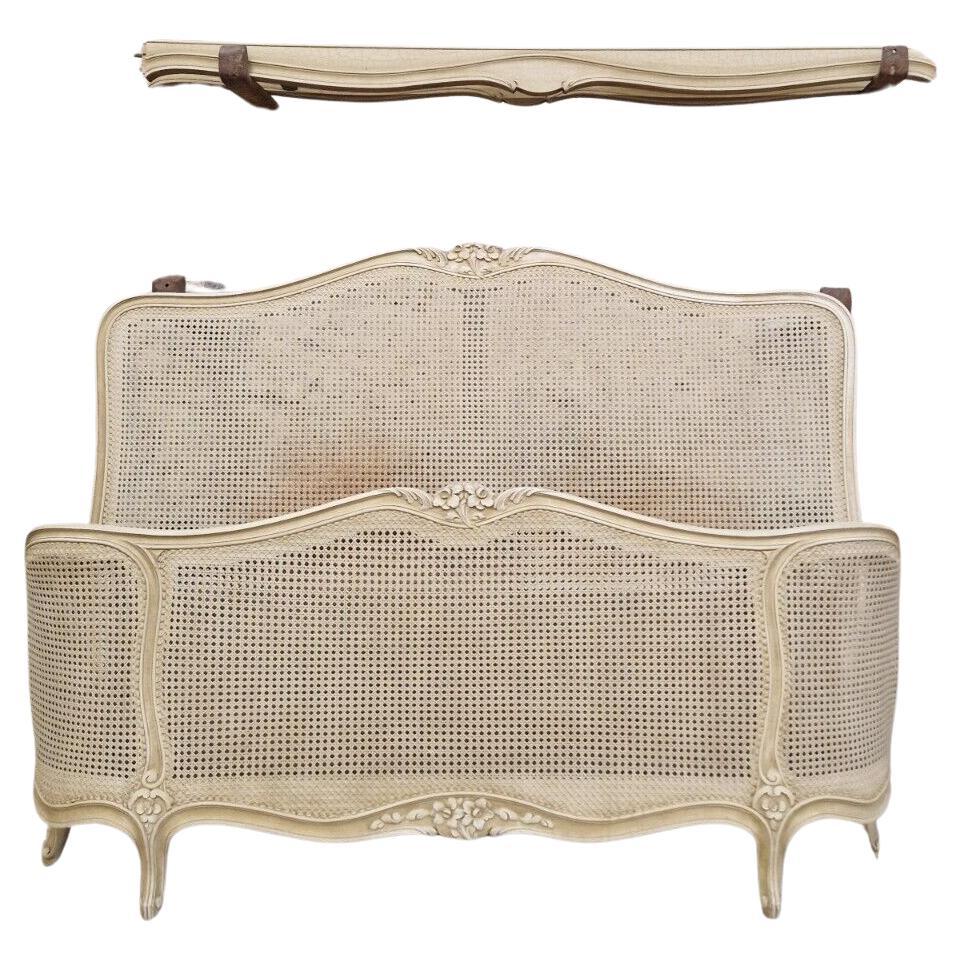 Antique Cane French Bed Corbeille Cream Lacquer Louis XV Style