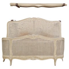 Antique Cane French Bed Corbeille Cream Lacquer Louis XV Style