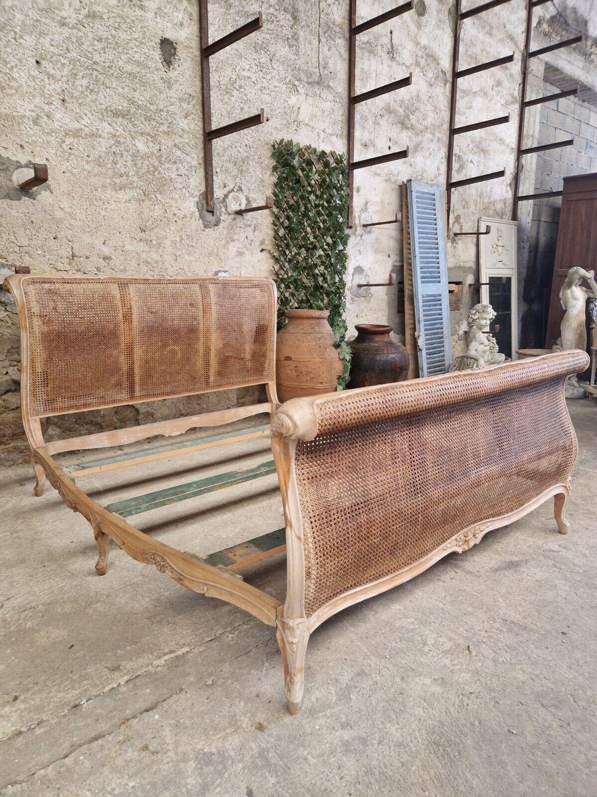 Antique French Cane Sleigh Bed Louis XV Raw Wood For Sale 6