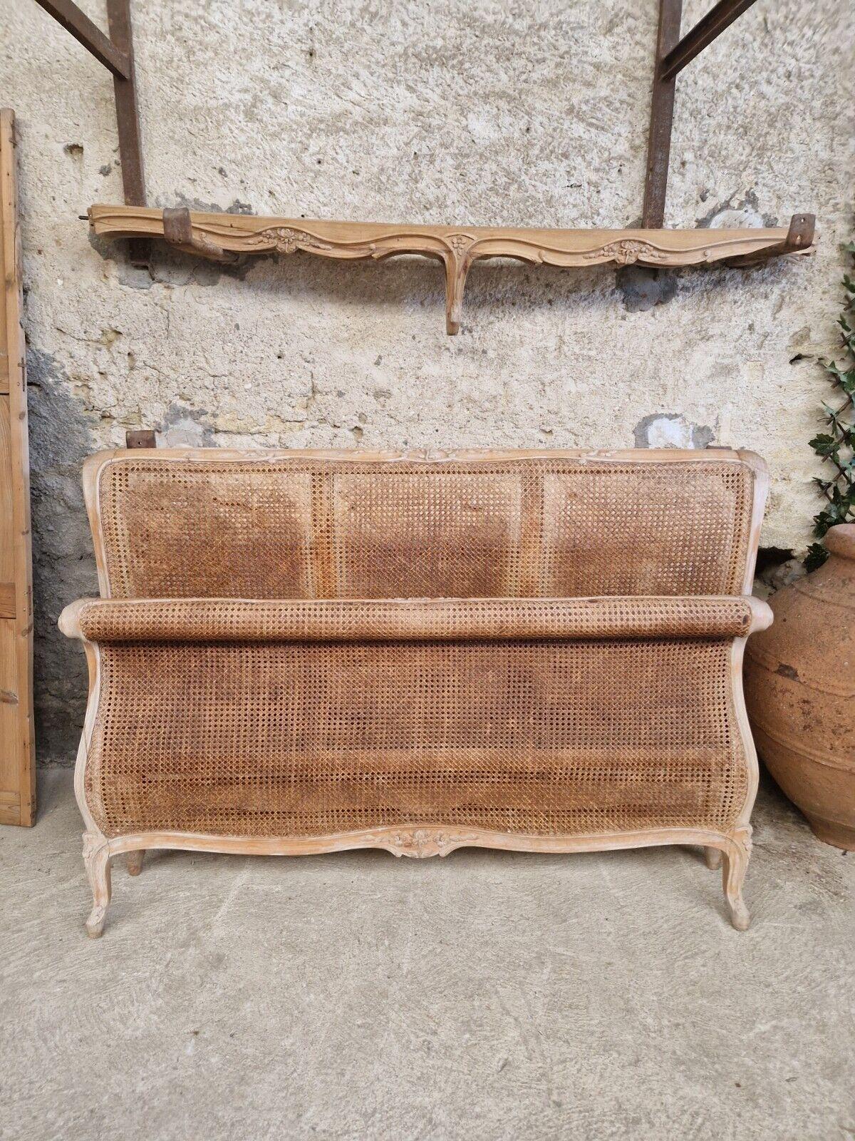 Carved Antique French Cane Sleigh Bed Louis XV Raw Wood For Sale