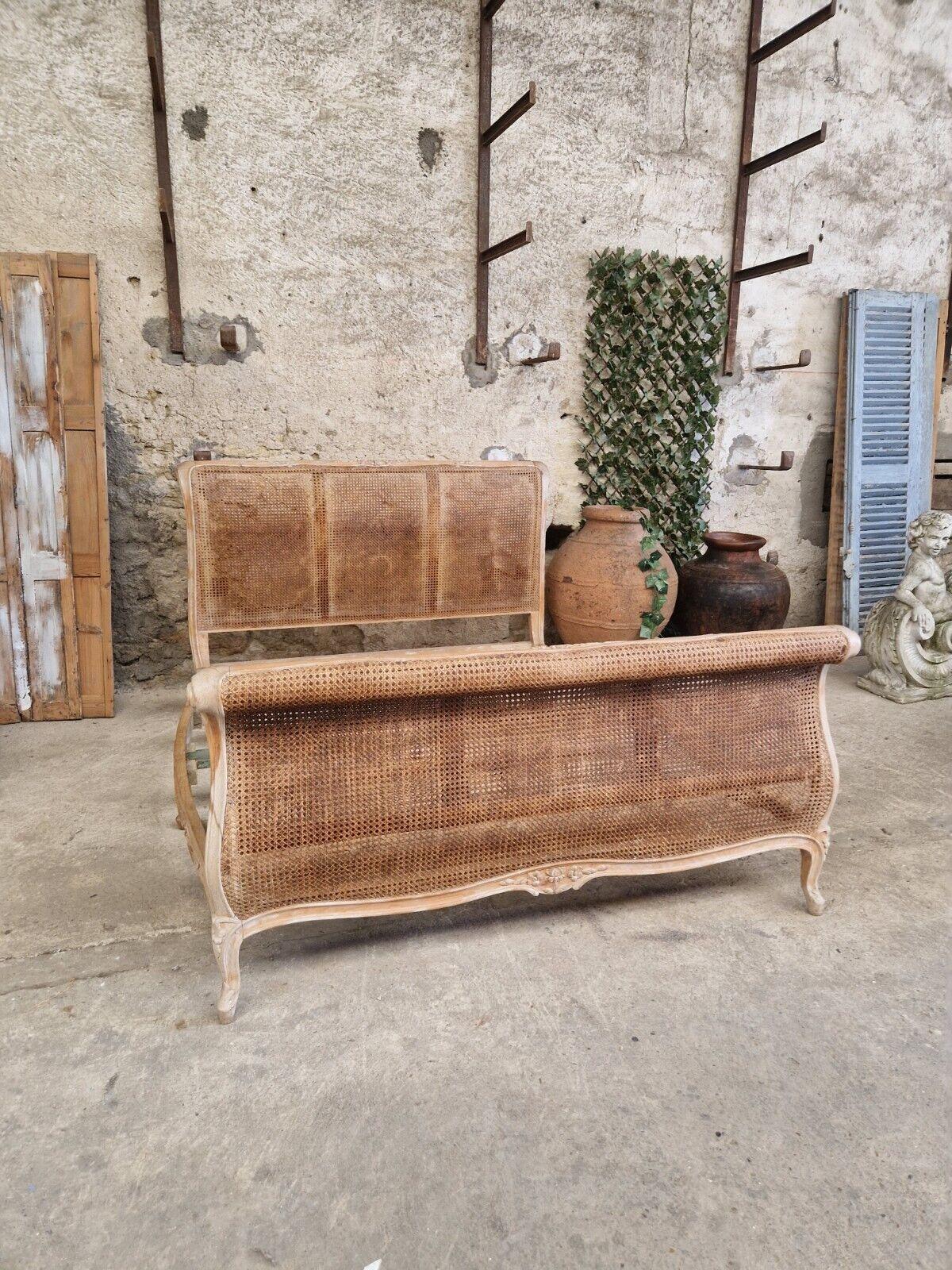 Antique French Cane Sleigh Bed Louis XV Raw Wood For Sale 2