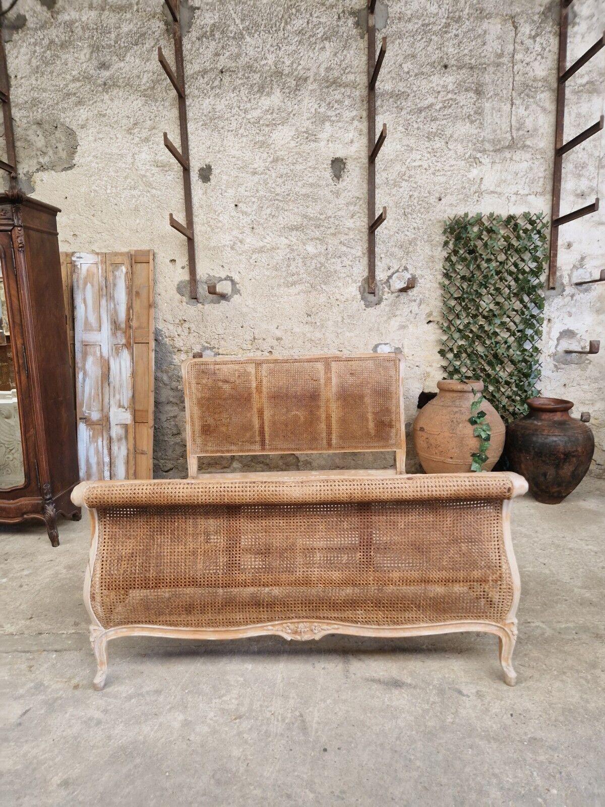 Antique French Cane Sleigh Bed Louis XV Raw Wood For Sale 4