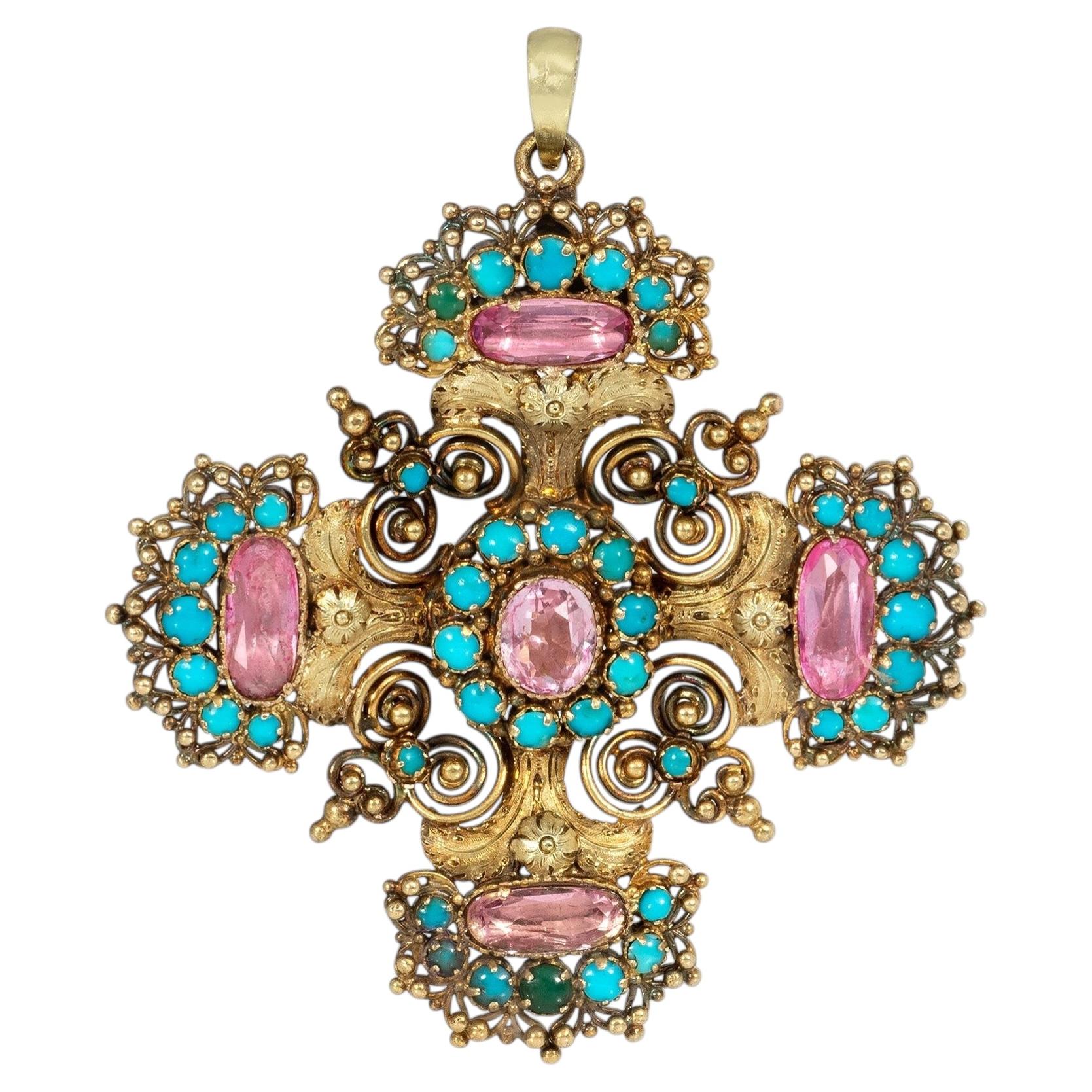 Antique cannetille work topaz and turquoise pendant