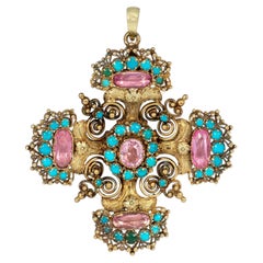 Antique cannetille work topaz and turquoise pendant