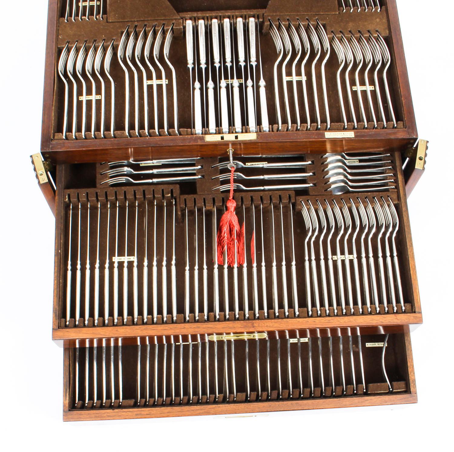 English Antique Canteen 12 Silver Plated Cutlery Set by Elkington, 1930