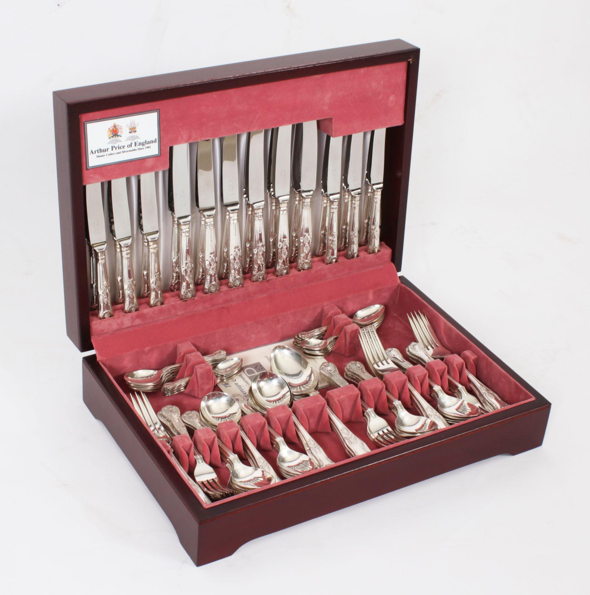 This is a stunning and rare twelve place setting sterling silver canteen of  cutlery in Kings Pattern, with maker mark of the renowned silversmith George Butler & Co,  hallmarks for Sheffield 1975, and the retailers label for Arthur Price, official