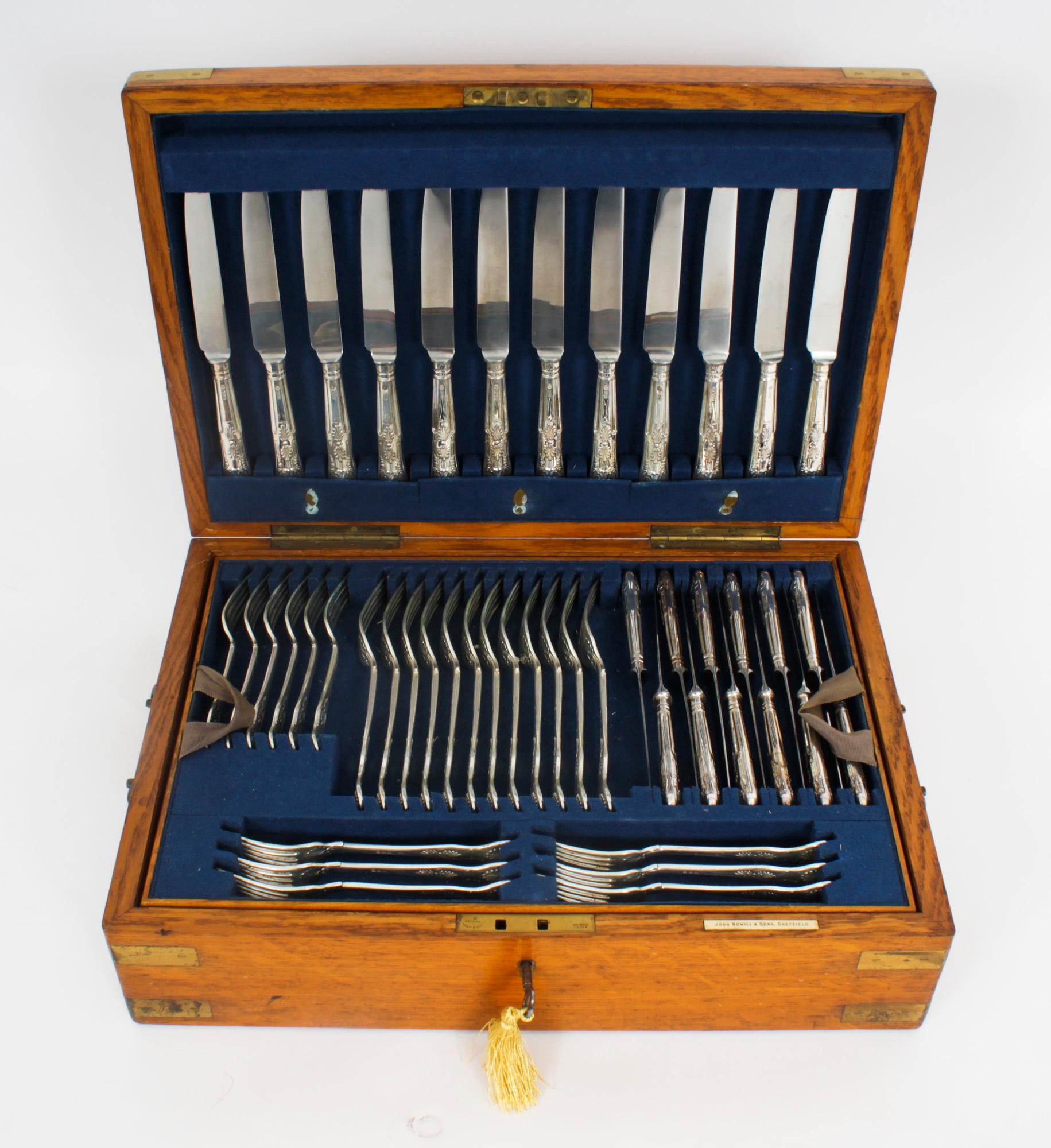 English Antique Canteen x12 Sterling Silver Cutlery Kings Pattern London 1905