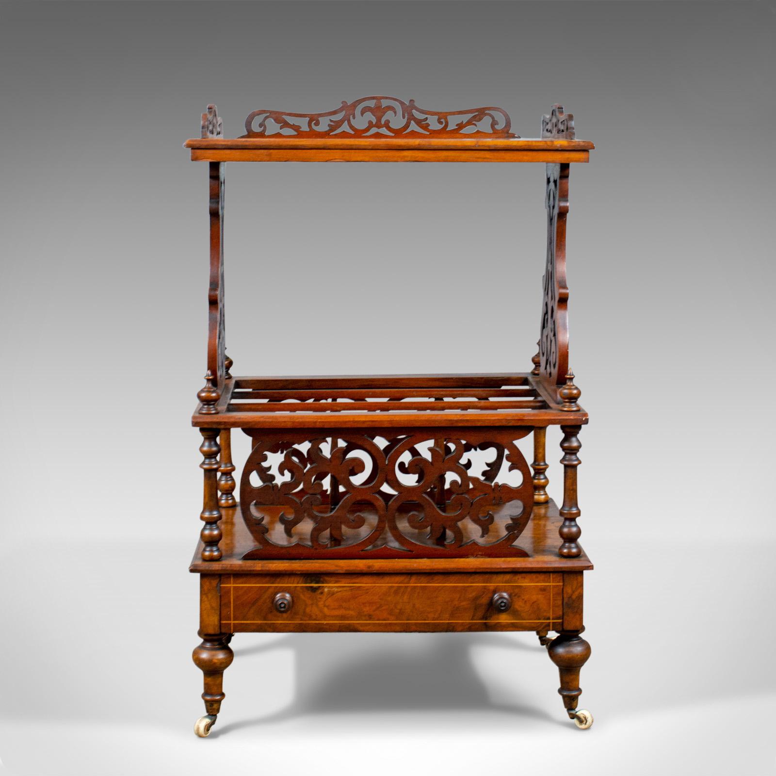 This is an antique Canterbury table, an English Victorian music stand in walnut dating to circa 1860.

The walnut displaying good color and a desirable aged patina
Versatile, of good proportion and a useful size
Of quality craftsmanship with a
