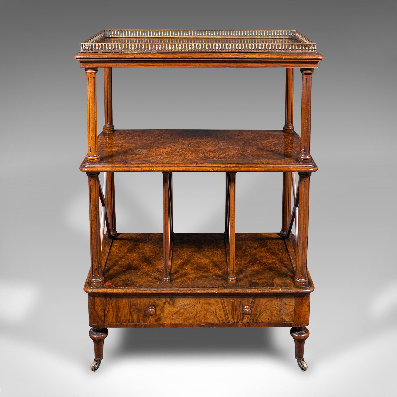 This is an antique Canterbury Whatnot. An English, burr walnut and brass three tier display stand or etagere, dating to the Regency period, circa 1820.

Exceptional example, with stunning colour and figuring
Displays a desirable aged patina and in