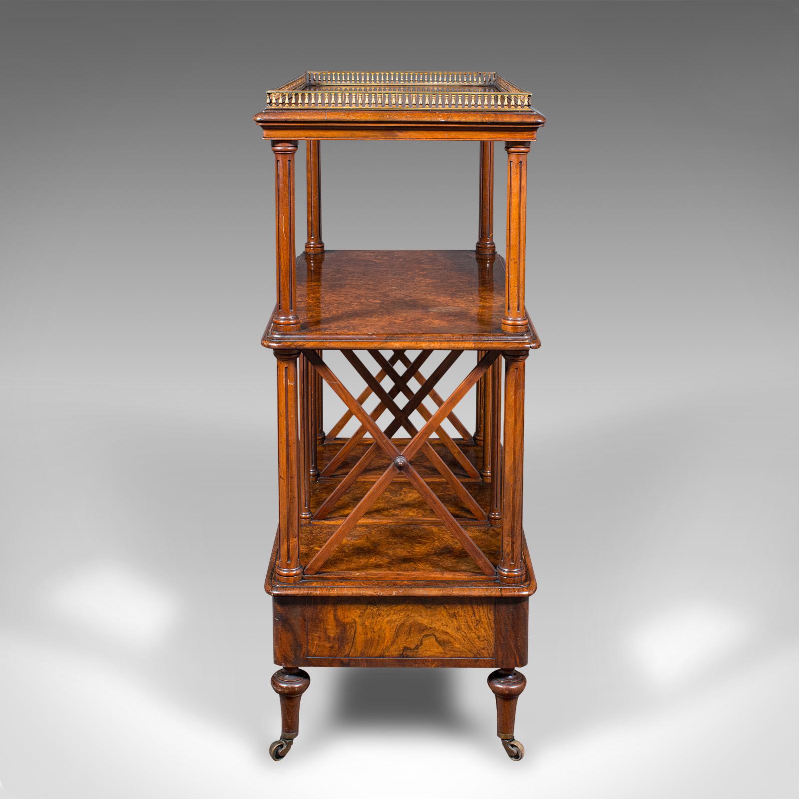 British Antique Canterbury Whatnot, English Burr Walnut, Display Stand, Etagere, Regency For Sale