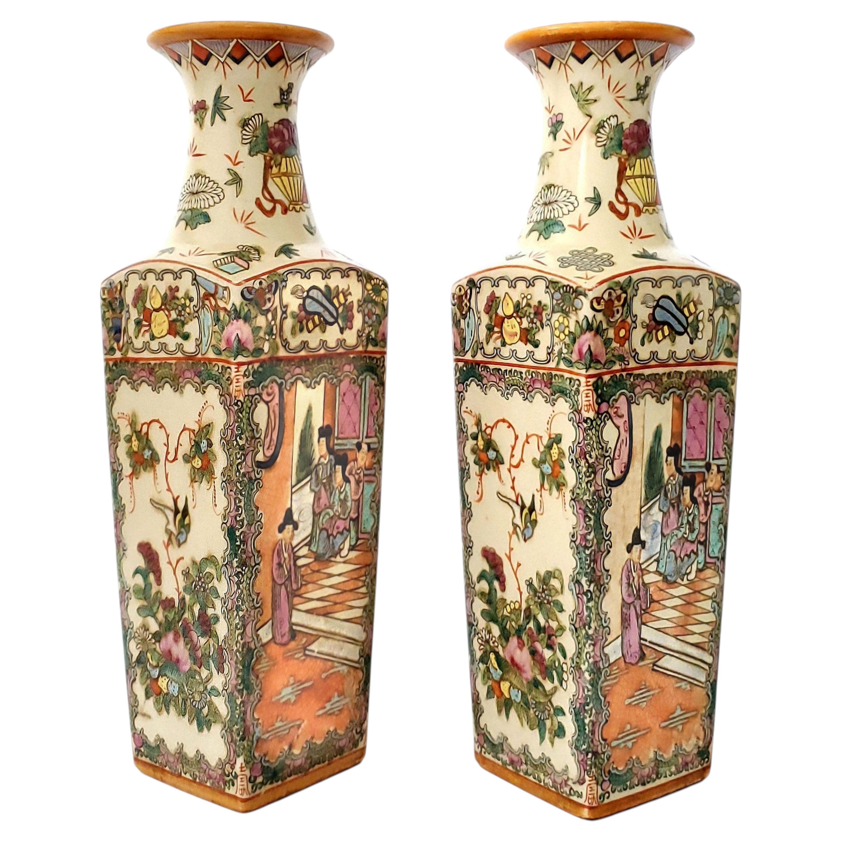Jarrones antiguos con medallón de rosa familiar de Cantón, estilo dinastía Qing, años 40
