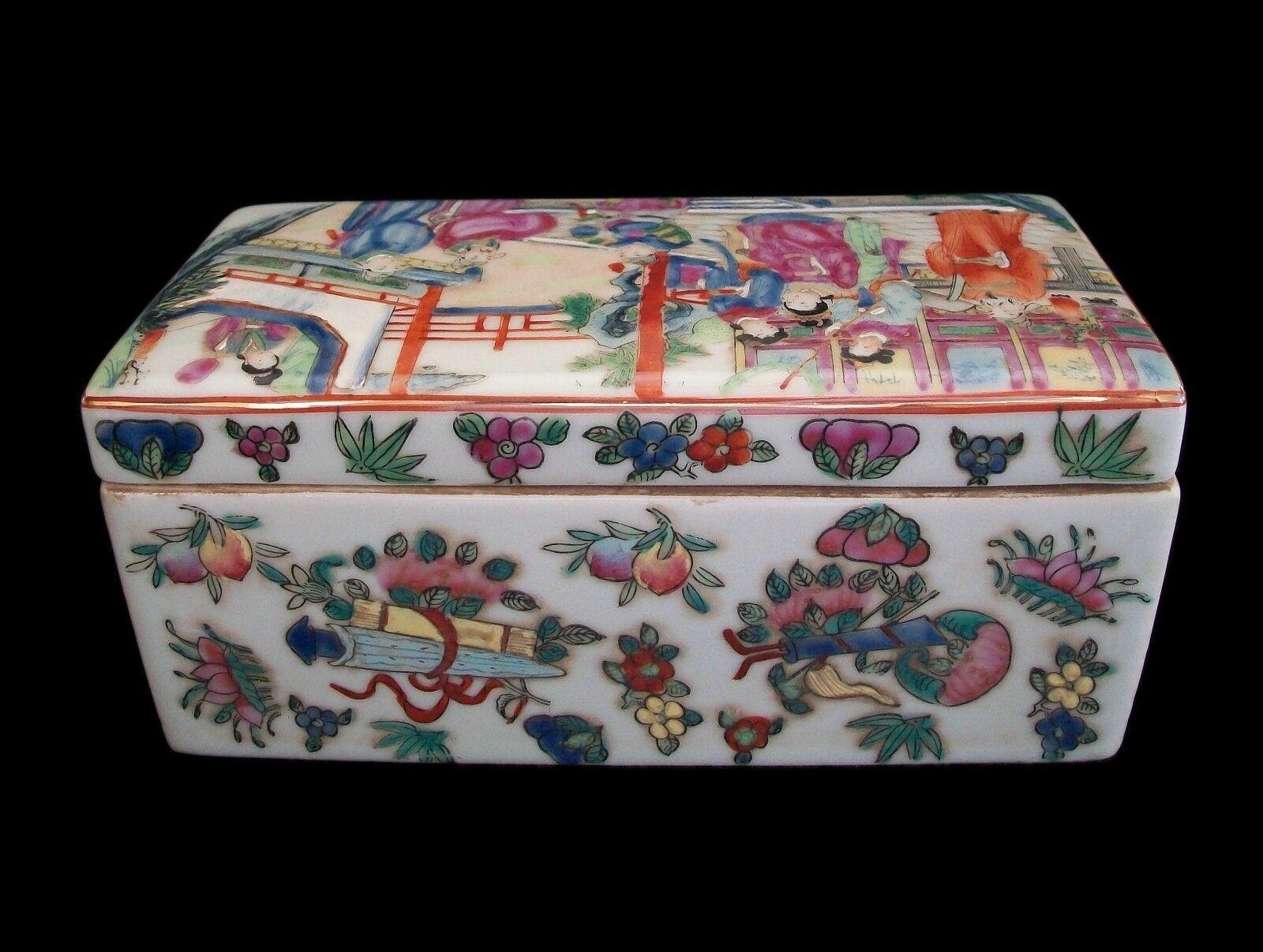 Chinese Antique Canton Famille Rose Porcelain Box, Signed, China, Late 19th Century