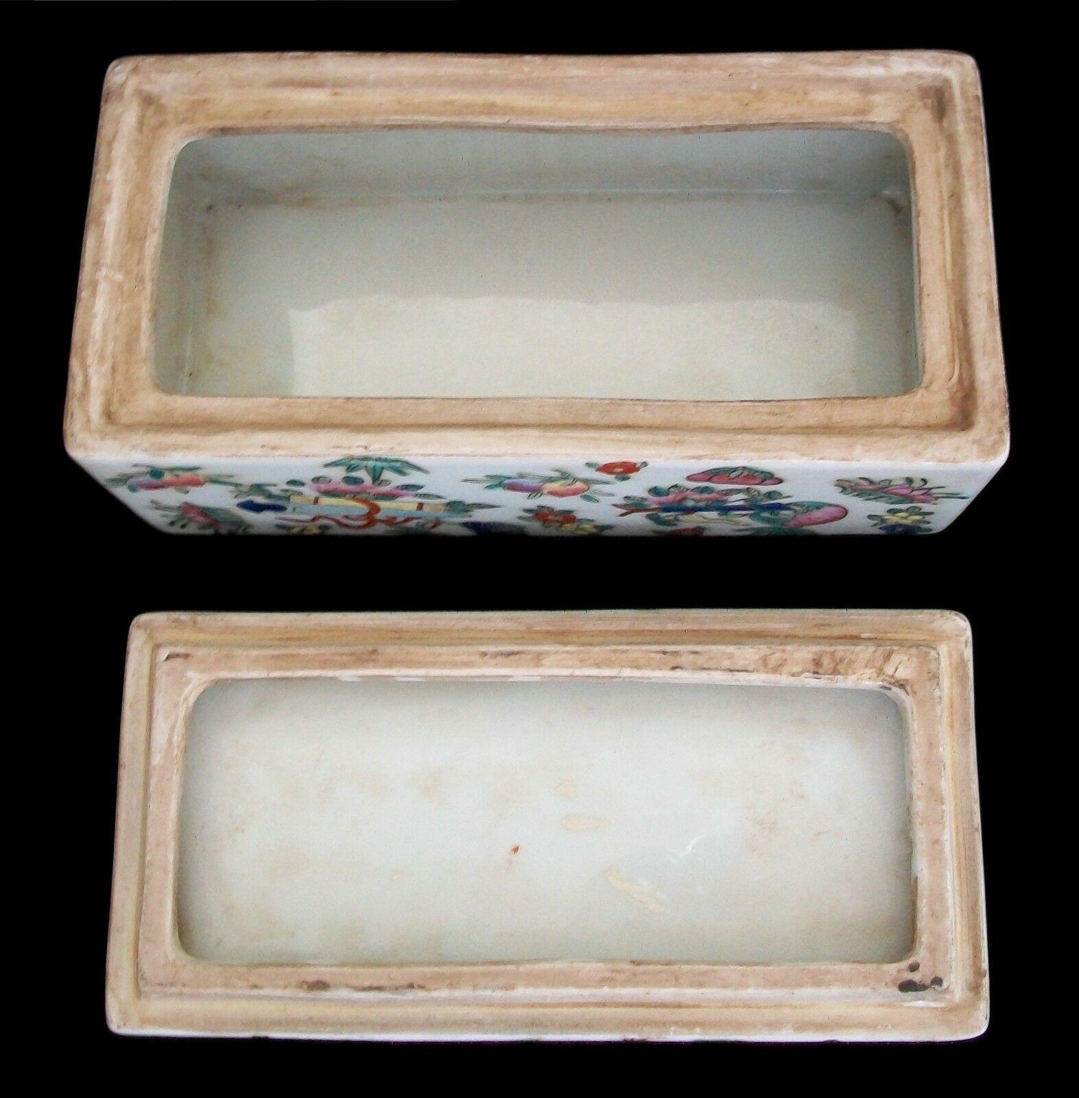 Enamel Antique Canton Famille Rose Porcelain Box, Signed, China, Late 19th Century