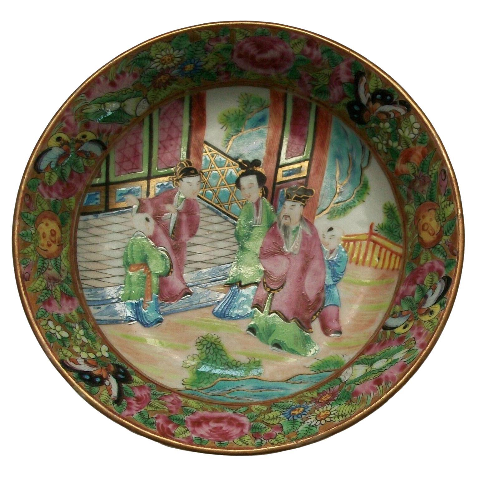 Antique Canton 'Famille Rose' Porcelain Plate, Unsigned, China, 19th Century