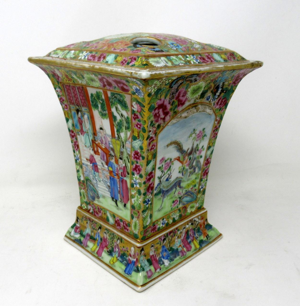 Stylish hand decorated cantonese bough pot of traditional outline complete with its original square cover with five cutout roundels. First half of the Nineteenth Century. 

Each finely hand decorated shaped panel depicts Ladies and Dignitaries at