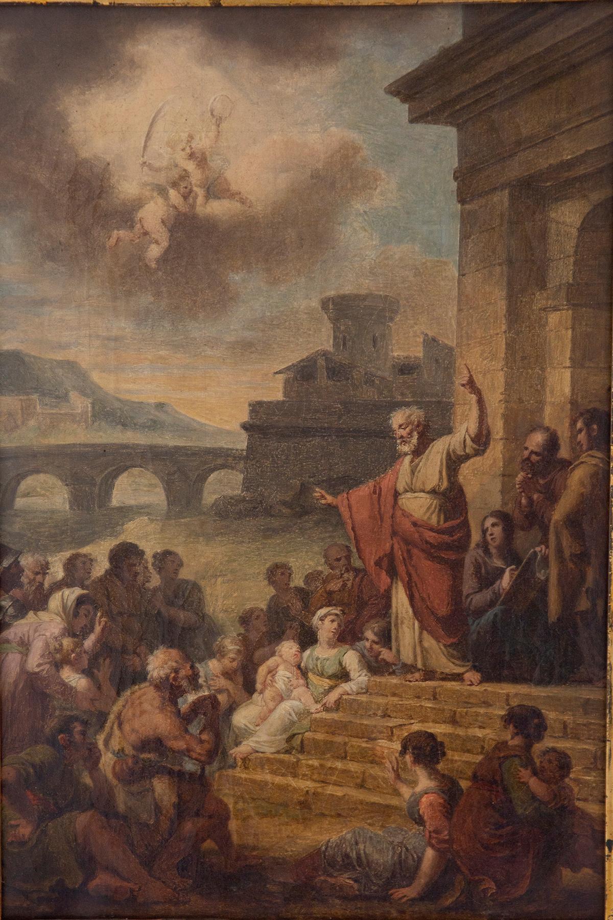 Beautiful framed wooden canvas from the end of the 19th century. 
The reference narrative is the one found in the Acts of the Apostles (Acts 2:14-42) in which Saint Peter starts preaching to the crowd after Pentecost, exhorting the people to