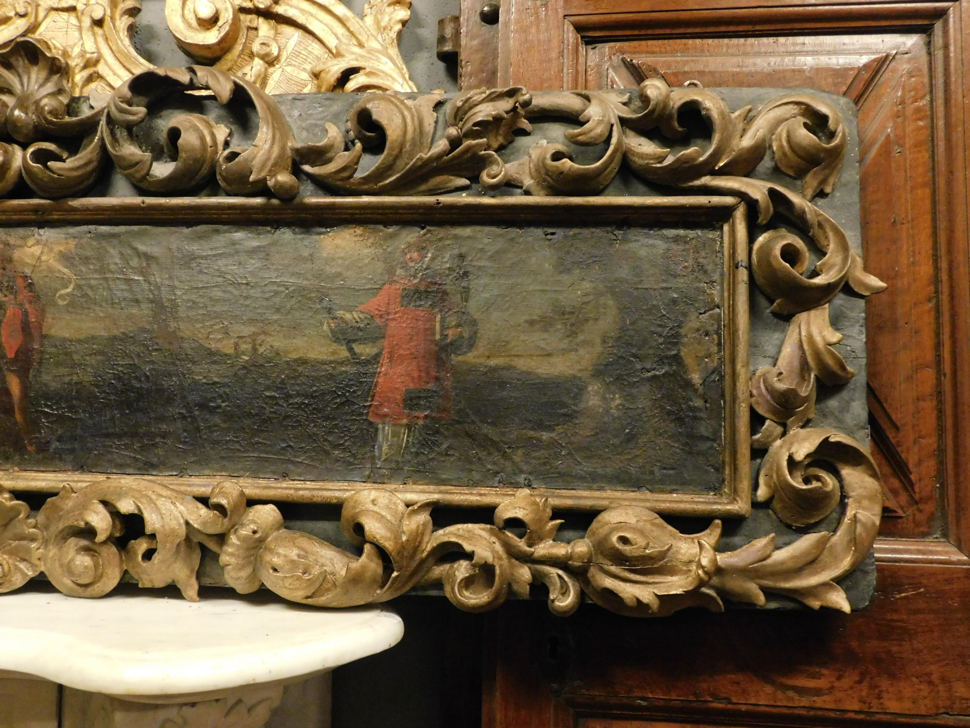 Hand-Painted Antique Canvas Panel Painted on Wood, Rich Gold Frame, 18th Century Italy