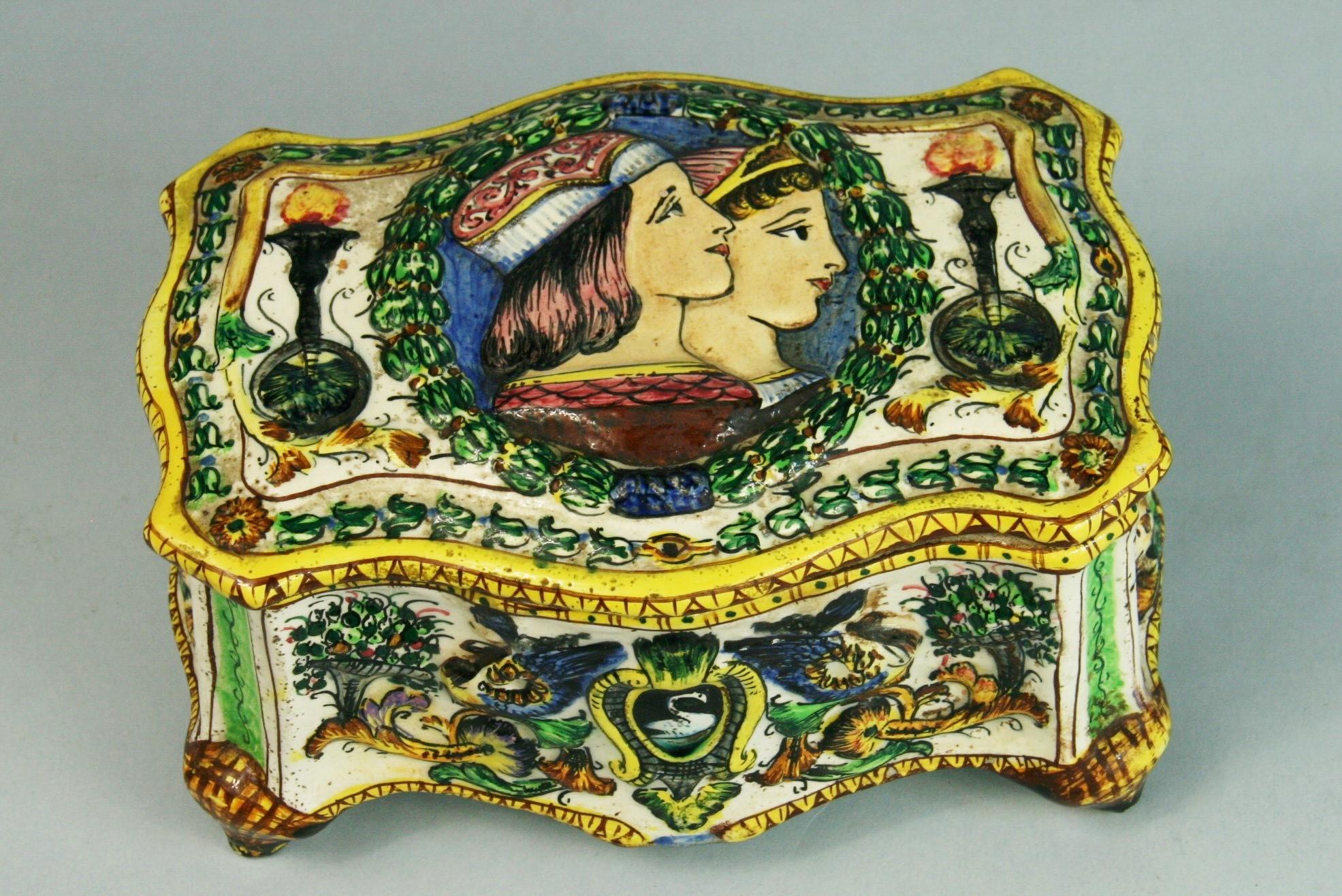 3-646 Antique Capo DiMonte hand painted ceramic box.