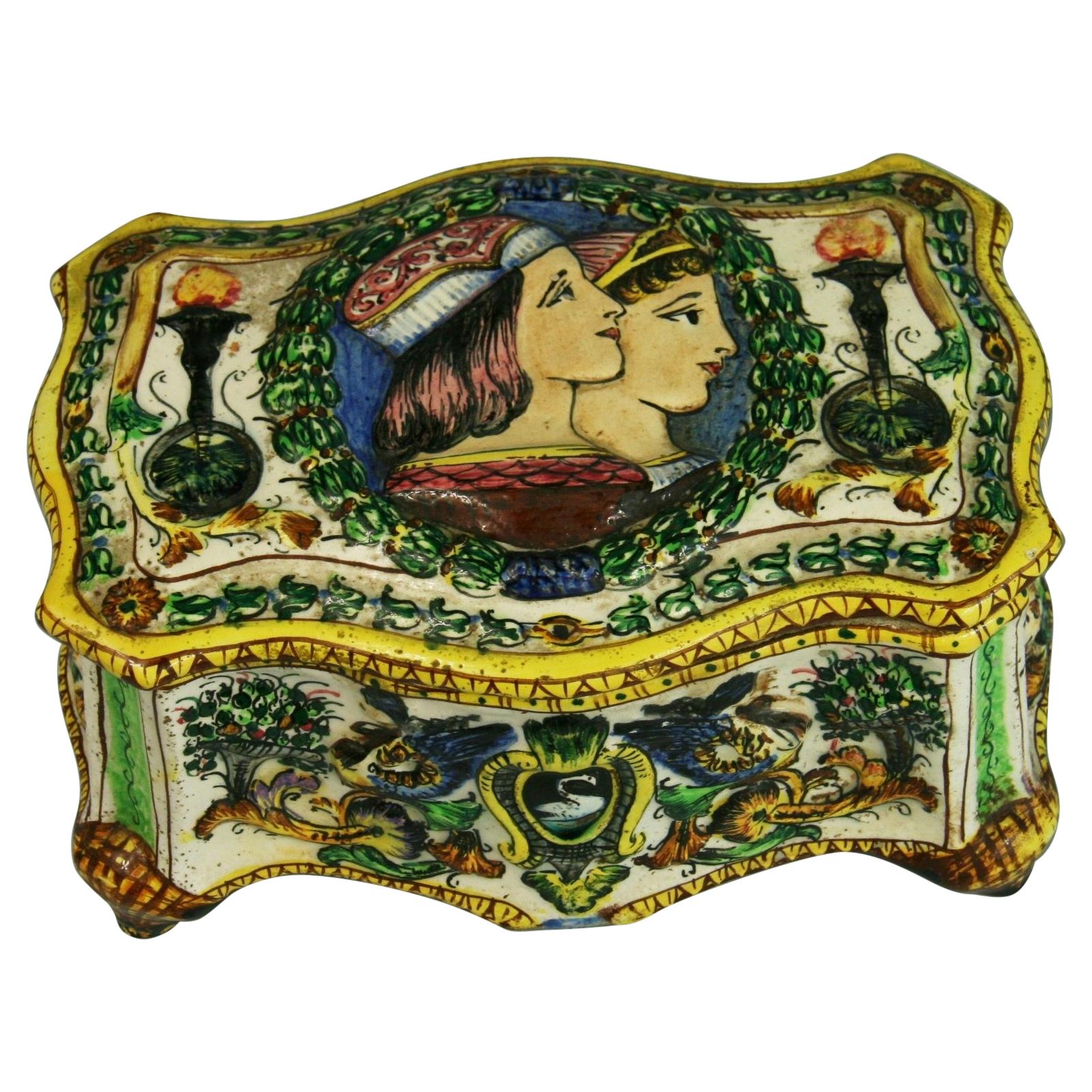 Antike handbemalte Keramikschachtel von Capo DiMonte aus den 1920er Jahren