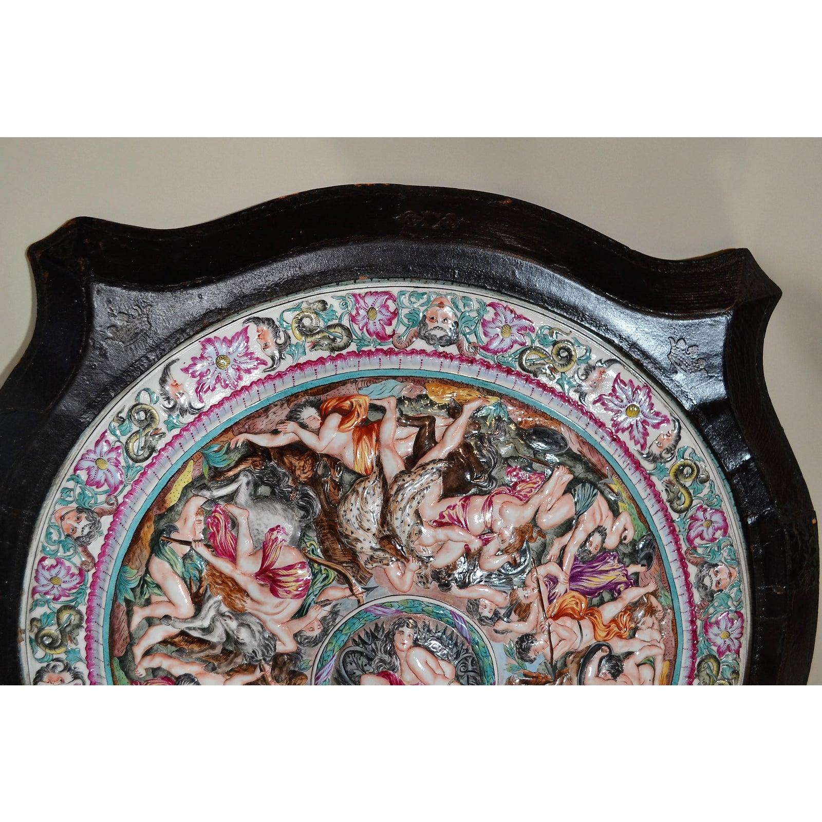 Antique Capo Di Monte Porcelain Shield in Wooden Frame In Good Condition For Sale In New Orleans, LA