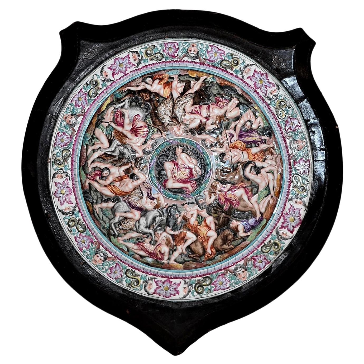 Antique Capo Di Monte Porcelain Shield in Wooden Frame For Sale