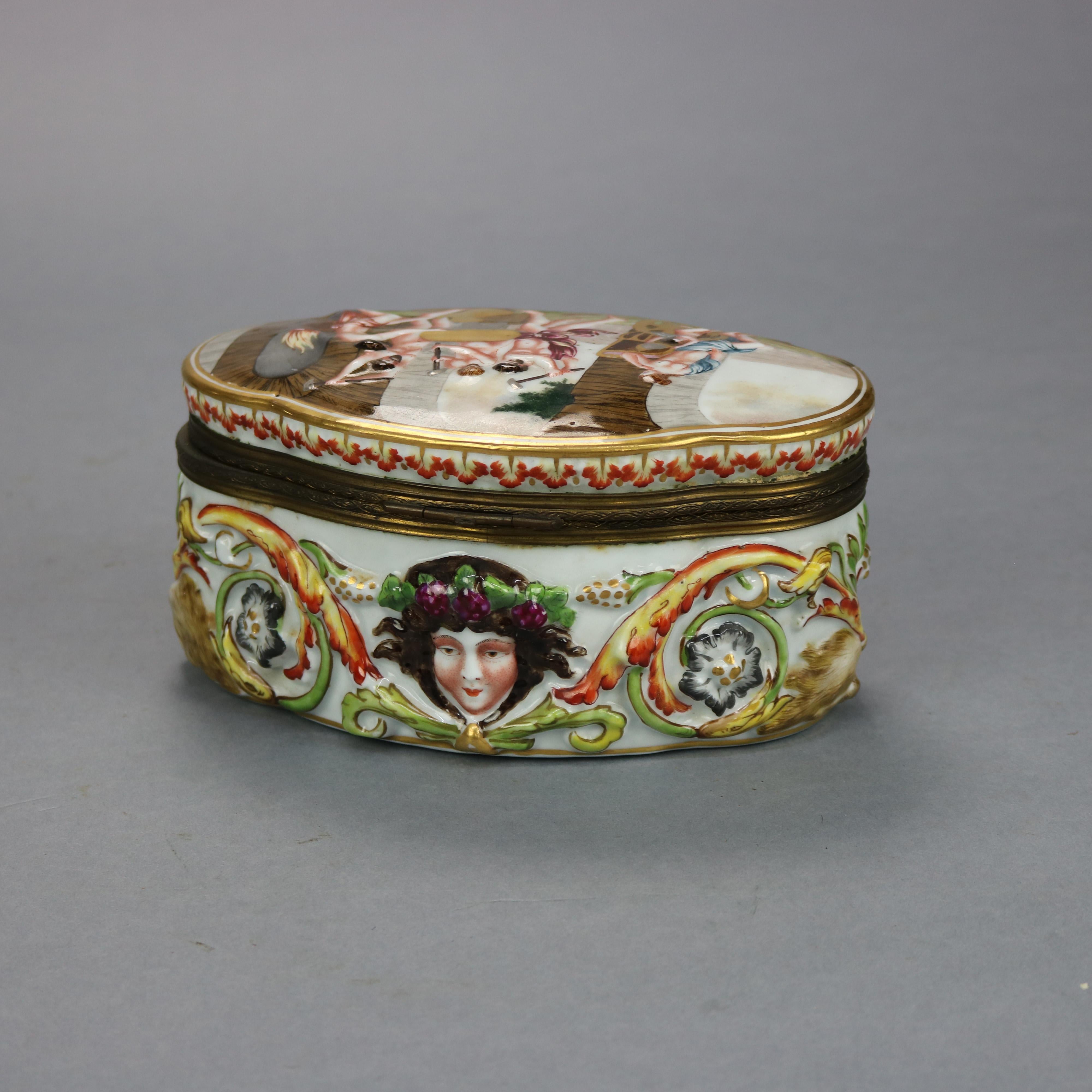 An antique Italian Capodimonte embossed dresser box offers lid with hand enameled and gilt classical scene with figures, decorated base with female mask and goats, blue crown 