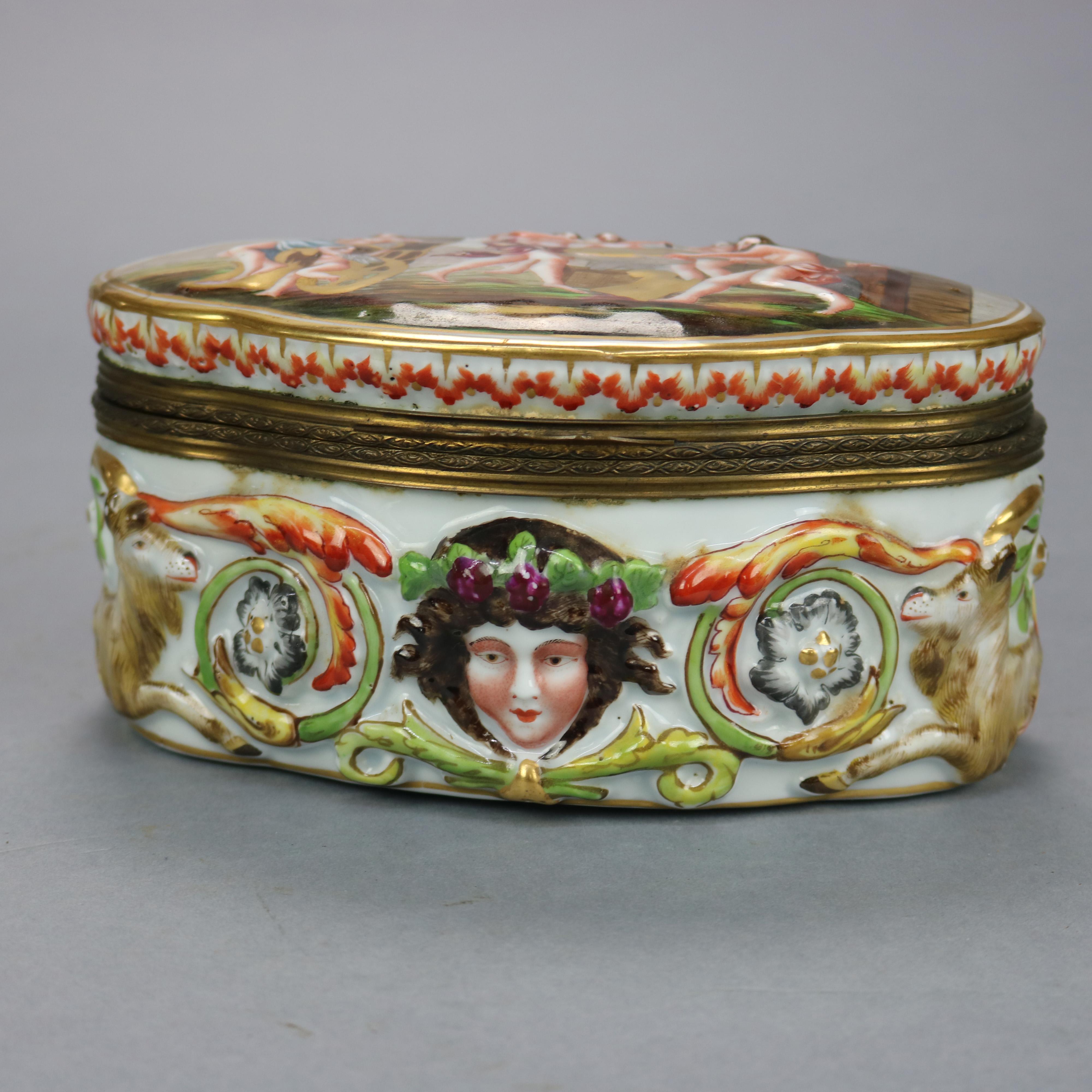 Classical Roman Antique Capodimonte Embossed Porcelain Dresser Box, Classical Scene, c1890