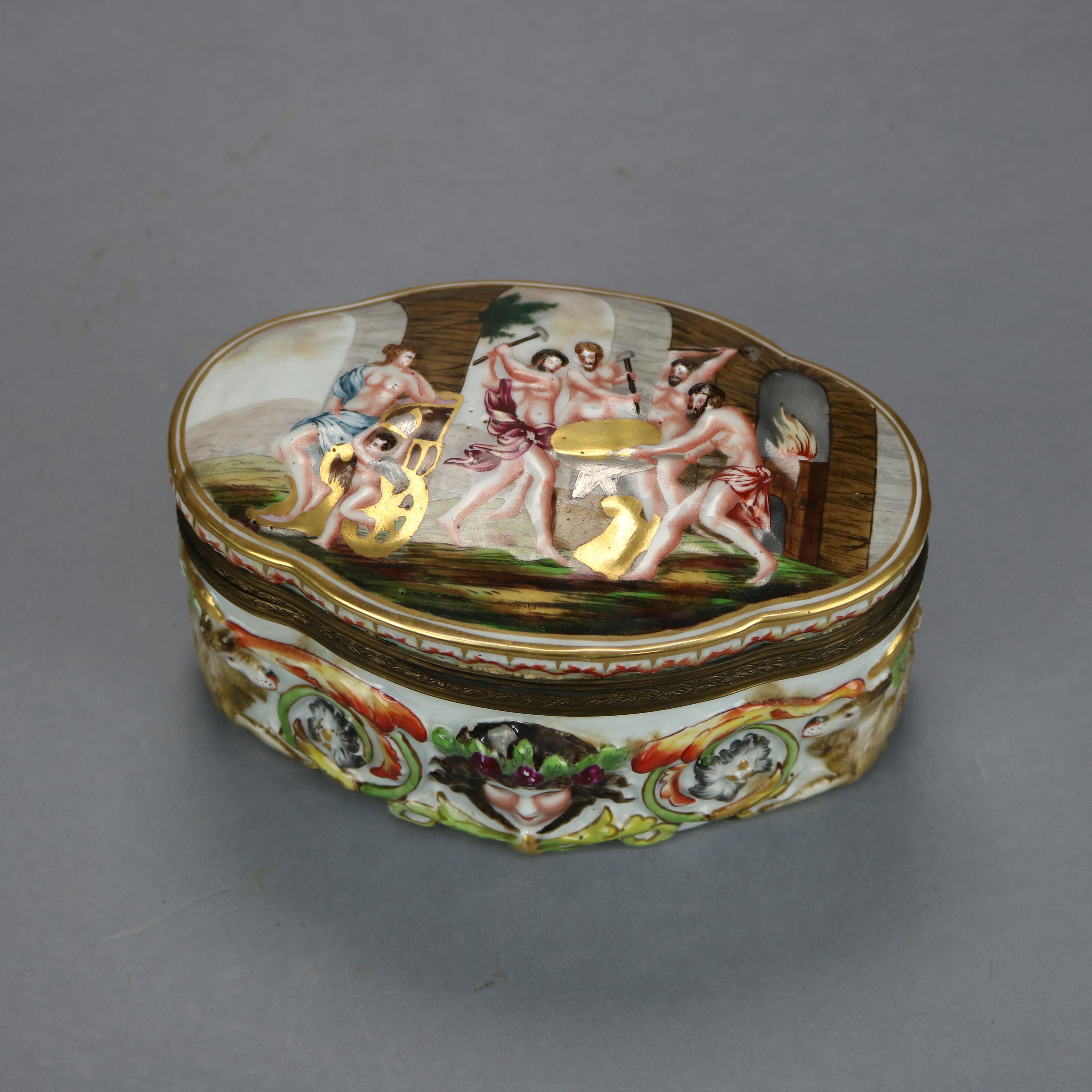 Italian Antique Capodimonte Embossed Porcelain Dresser Box, Classical Scene, c1890