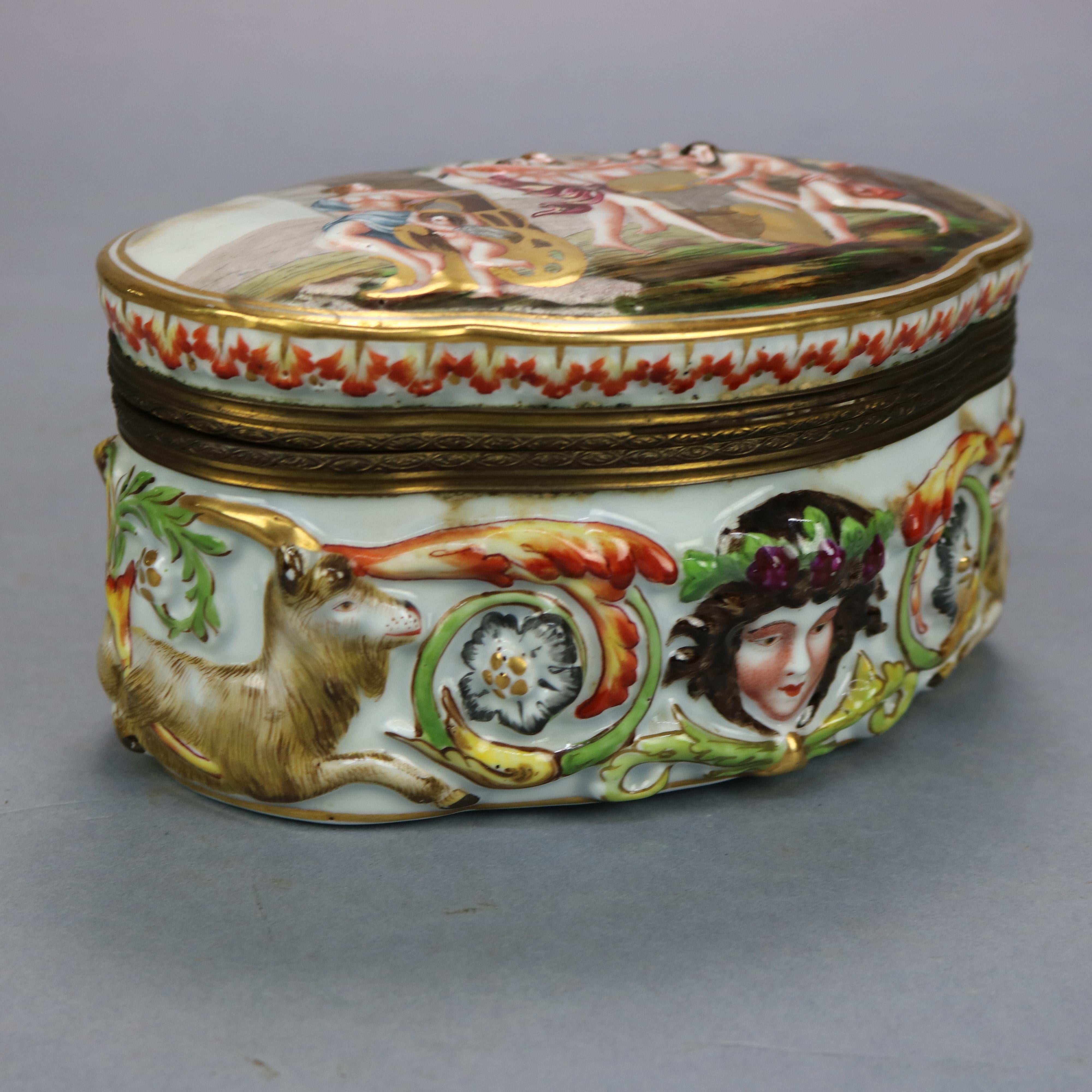 Fired Antique Capodimonte Embossed Porcelain Dresser Box, Classical Scene, c1890