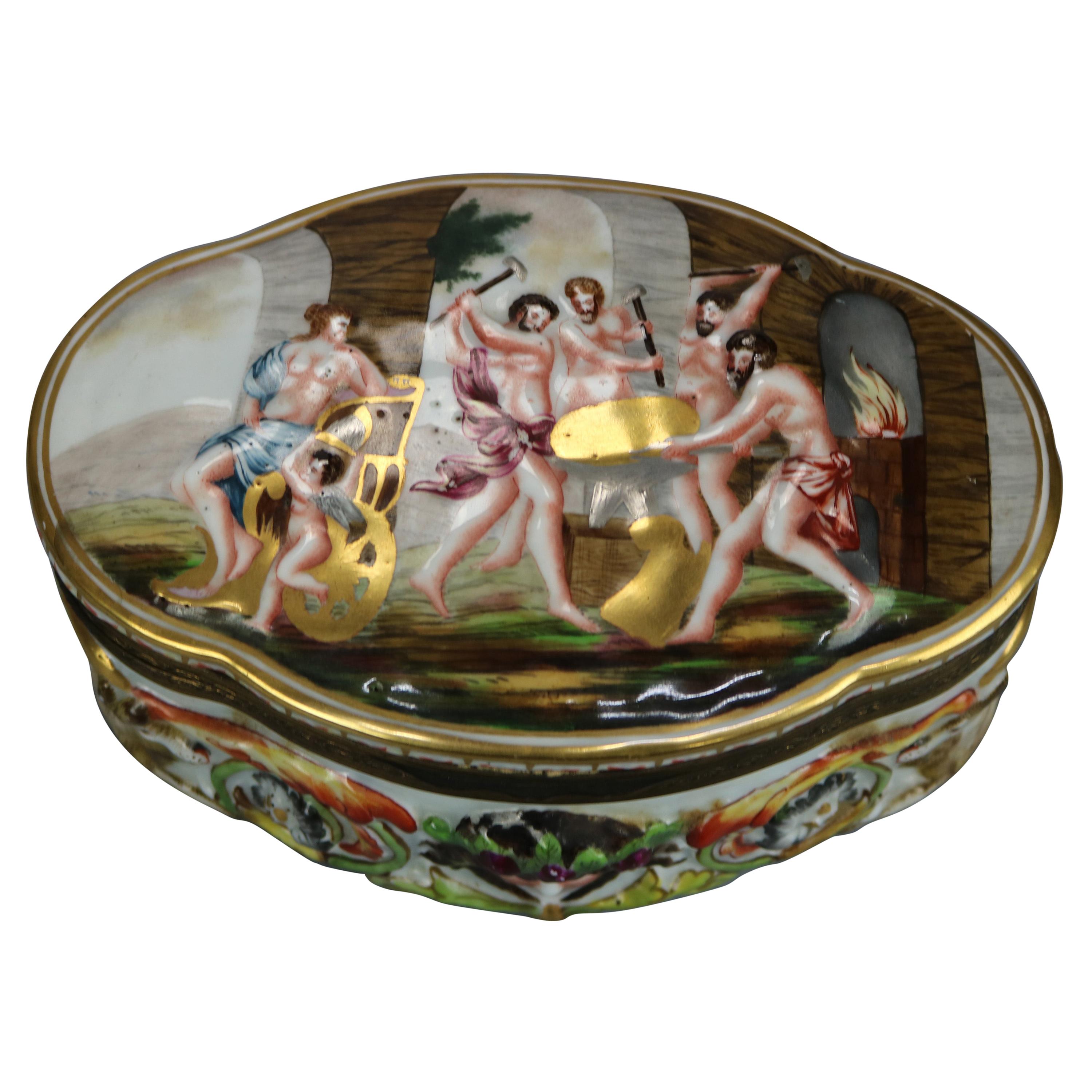 Antique Capodimonte Embossed Porcelain Dresser Box, Classical Scene, c1890