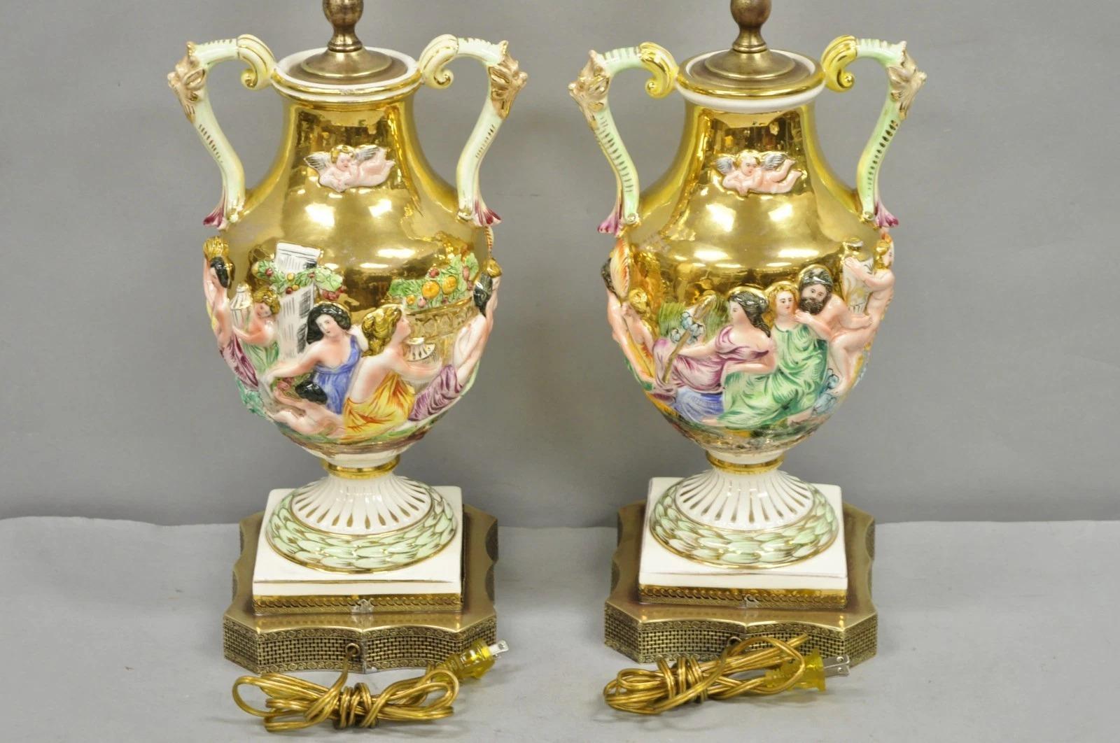 Antique Capodimonte Figural Porcelain Twin Handle Urn Gold Vase Table Lamps Pair For Sale 5