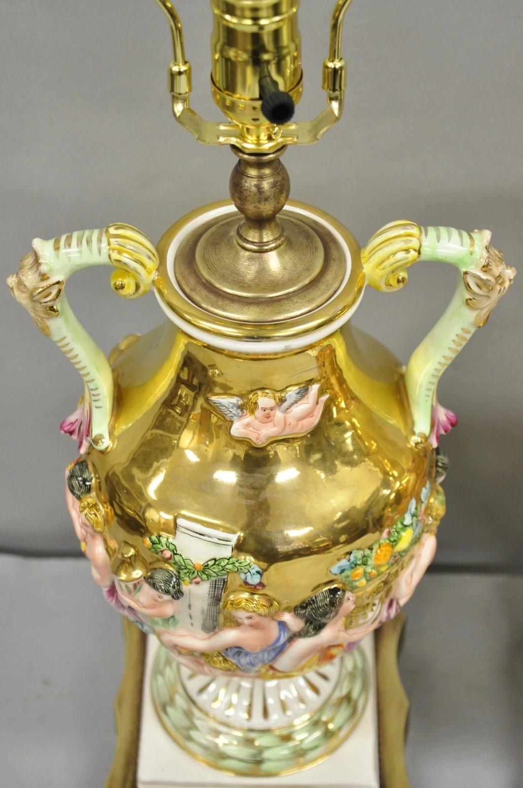 Antique Capodimonte Figural Porcelain Twin Handle Urn Gold Vase Table Lamps Pair For Sale 8