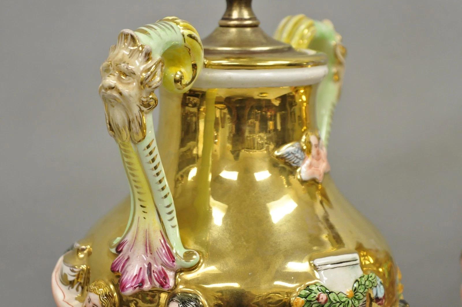 Antique Capodimonte Figural Porcelain Twin Handle Urn Gold Vase Table Lamps Pair For Sale 9