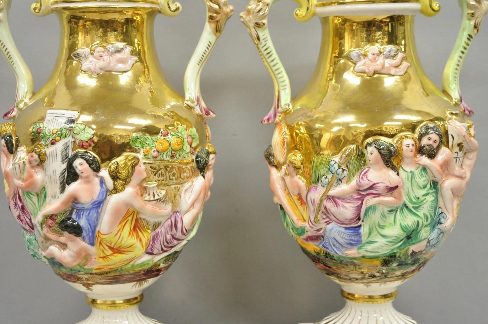 Antique Capodimonte Figural Porcelain Twin Handle Urn Gold Vase Table Lamps Pair For Sale 10