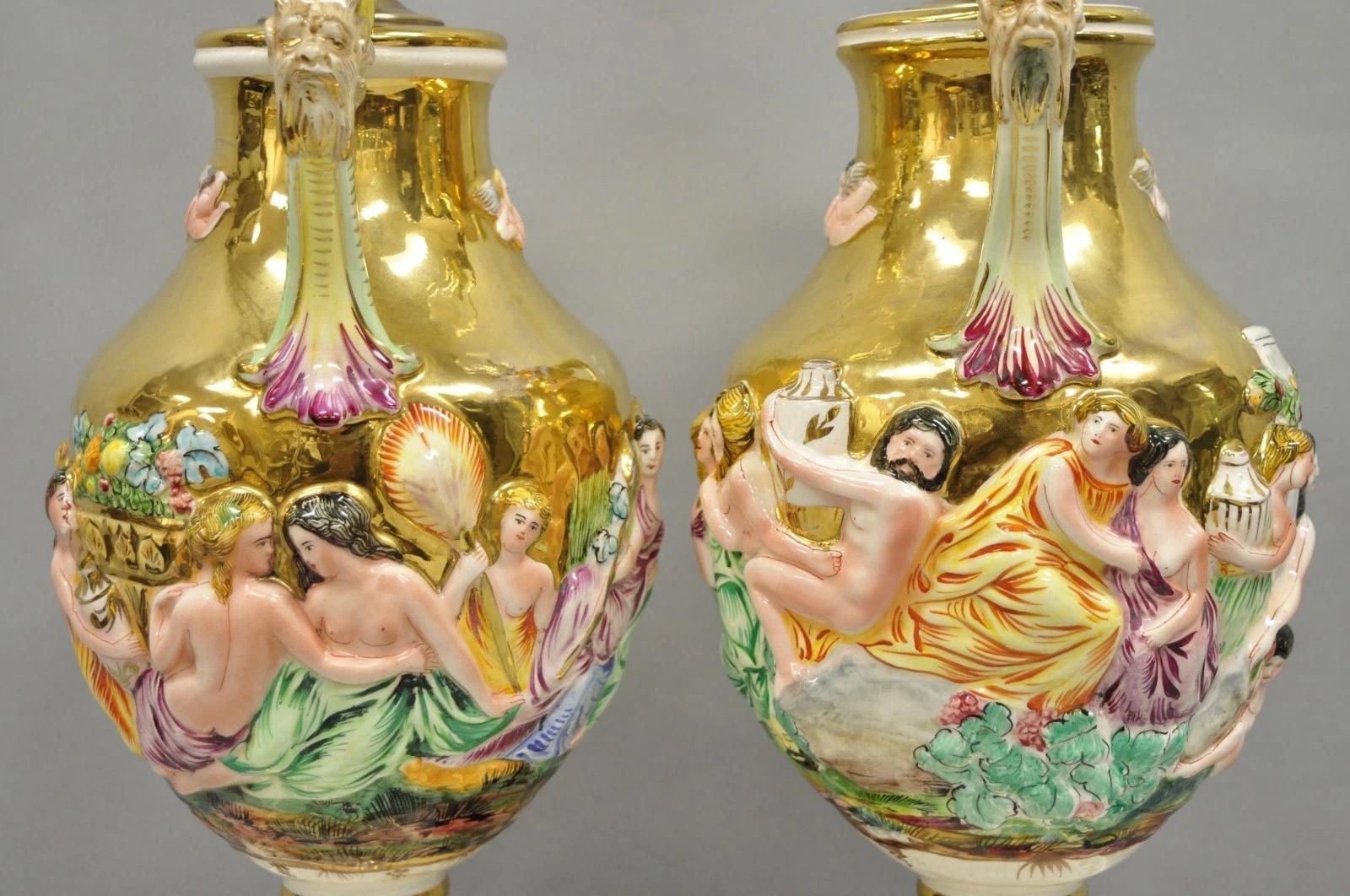 Antique Capodimonte Figural Porcelain Twin Handle Urn Gold Vase Table Lamps Pair For Sale 11