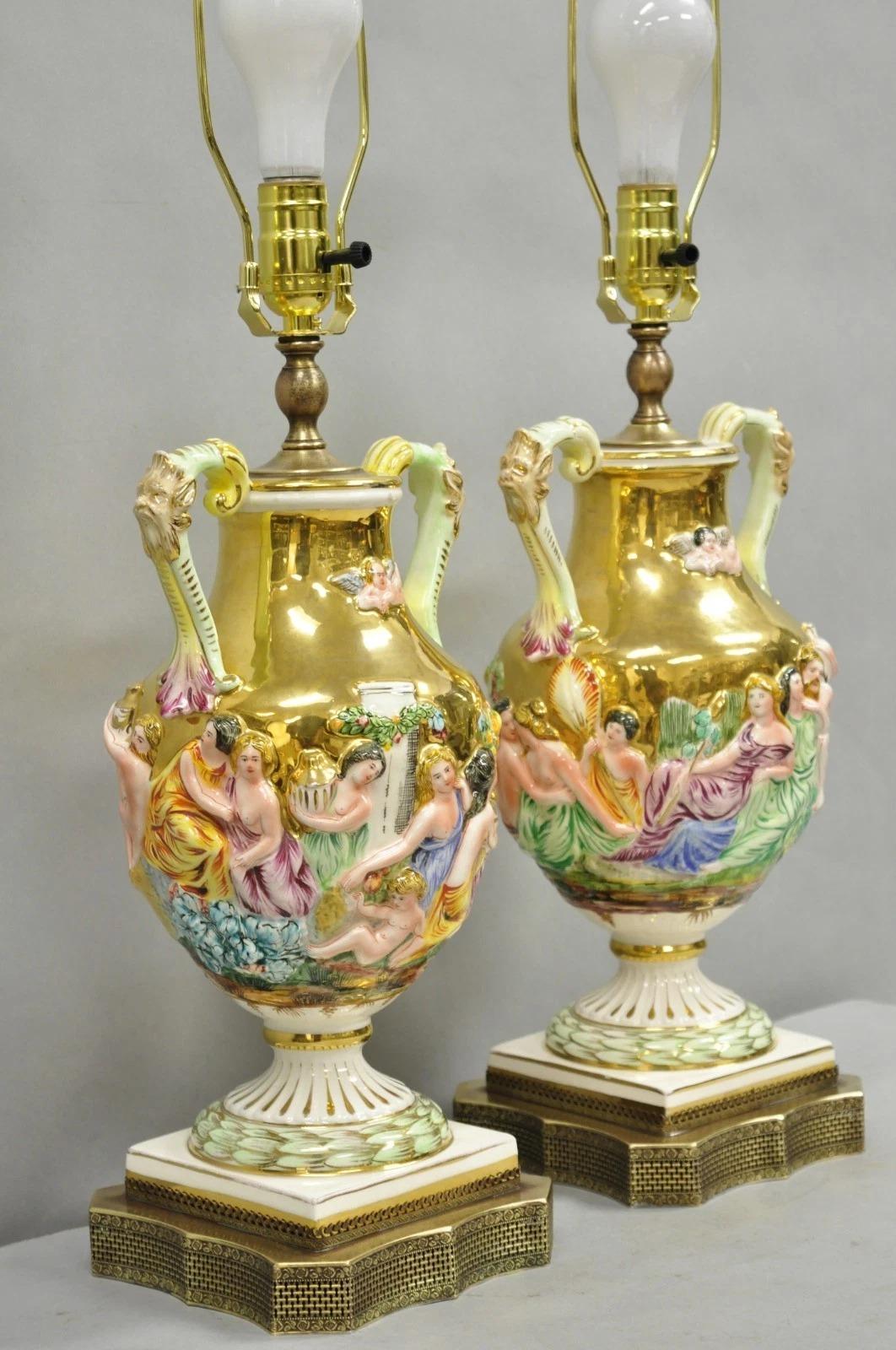 Antique Capodimonte Figural Porcelain Twin Handle Urn Gold Vase Table Lamps Pair For Sale 13