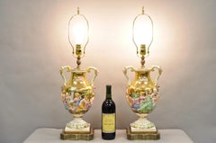 Antique Capodimonte Figural Porcelain Twin Handle Urn Gold Vase Table Lamps Pair