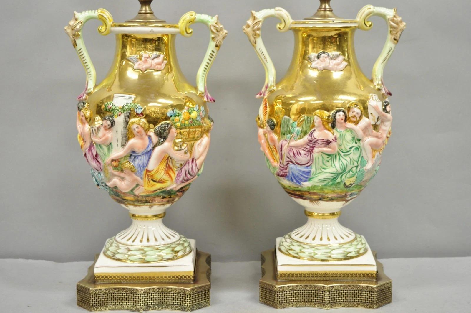 Hollywood Regency Antique Capodimonte Figural Porcelain Twin Handle Urn Gold Vase Table Lamps Pair For Sale