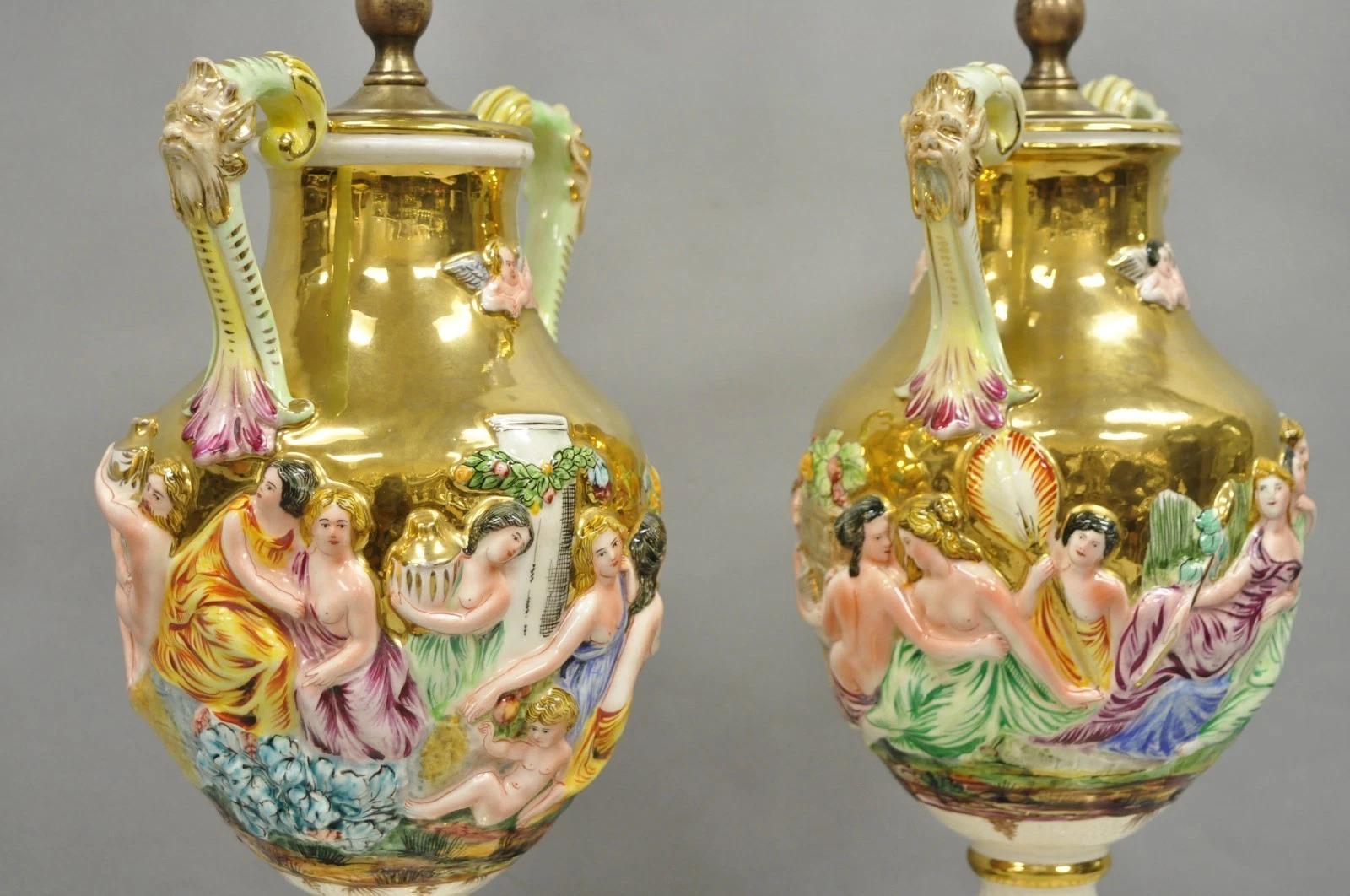 Antique Capodimonte Figural Porcelain Twin Handle Urn Gold Vase Table Lamps Pair In Good Condition For Sale In Philadelphia, PA