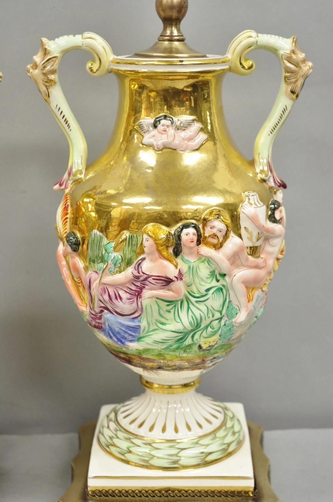 20th Century Antique Capodimonte Figural Porcelain Twin Handle Urn Gold Vase Table Lamps Pair For Sale