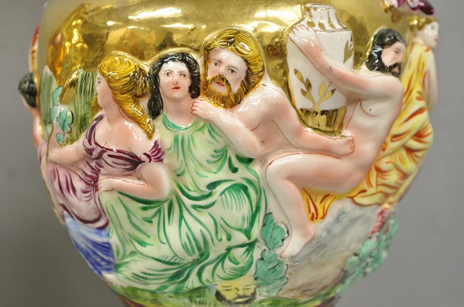 Antique Capodimonte Figural Porcelain Twin Handle Urn Gold Vase Table Lamps Pair For Sale 1