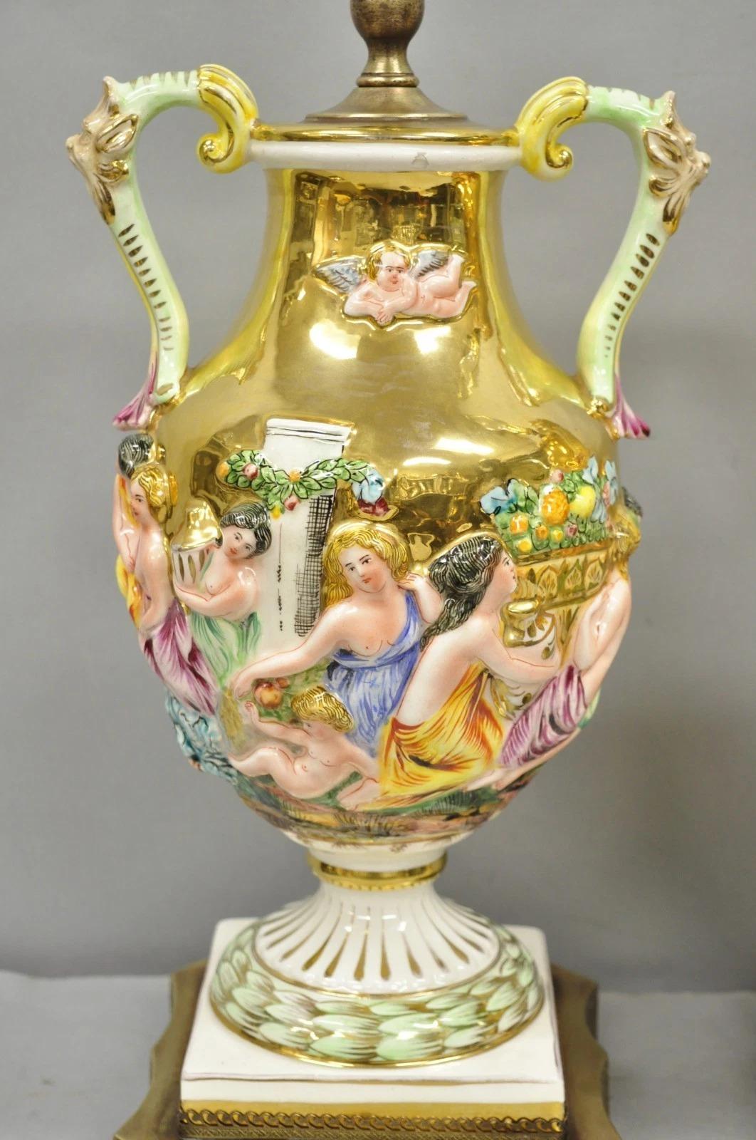 Antique Capodimonte Figural Porcelain Twin Handle Urn Gold Vase Table Lamps Pair For Sale 2