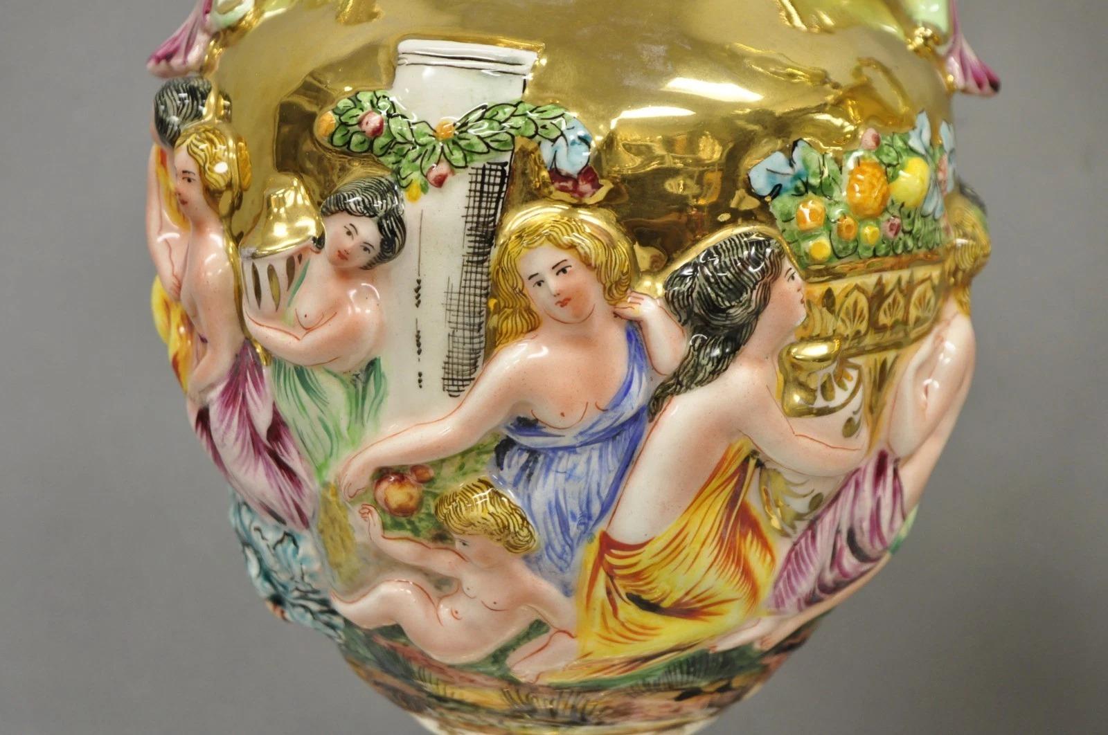 Antique Capodimonte Figural Porcelain Twin Handle Urn Gold Vase Table Lamps Pair For Sale 3