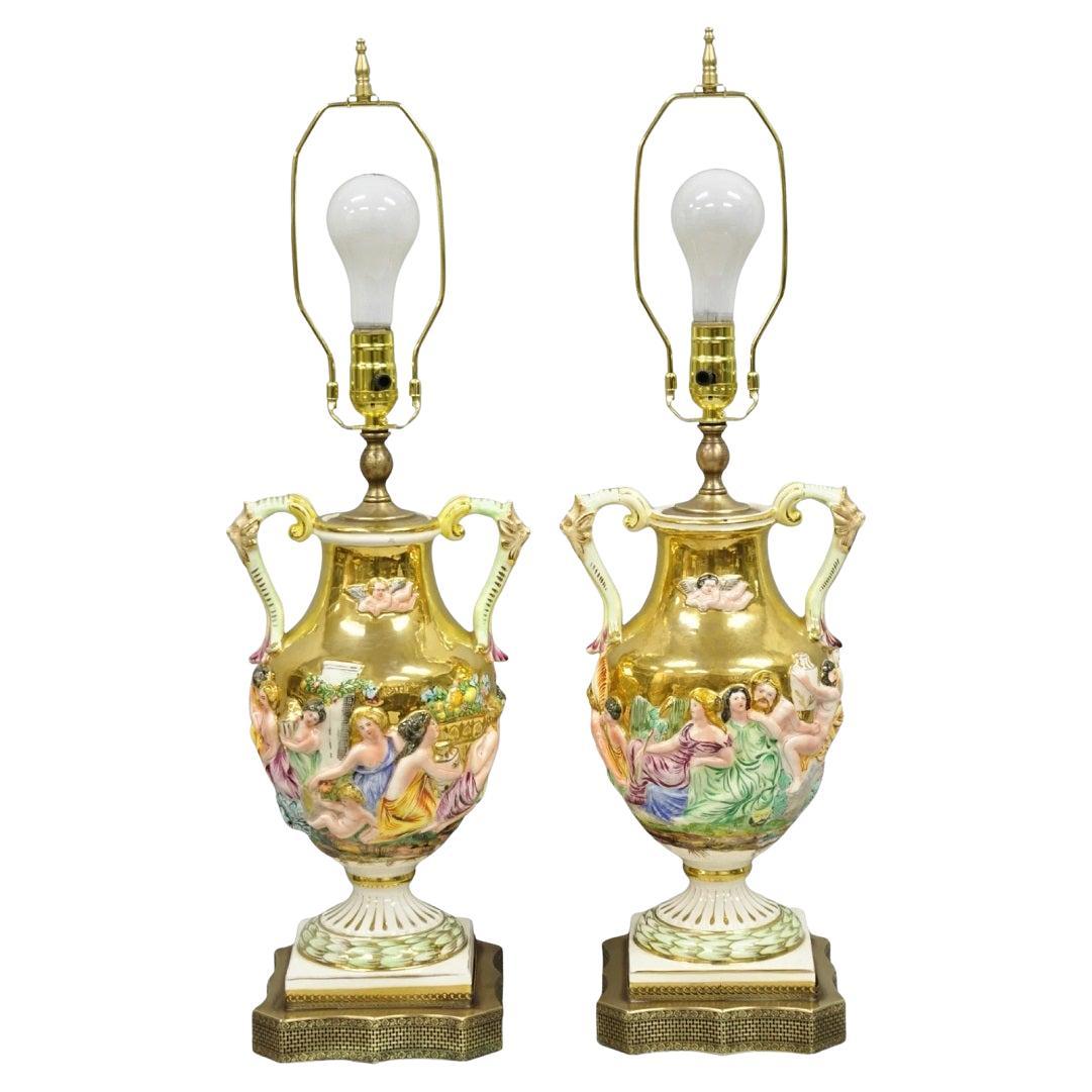 Antique Capodimonte Figural Porcelain Twin Handle Urn Gold Vase Table Lamps Pair For Sale
