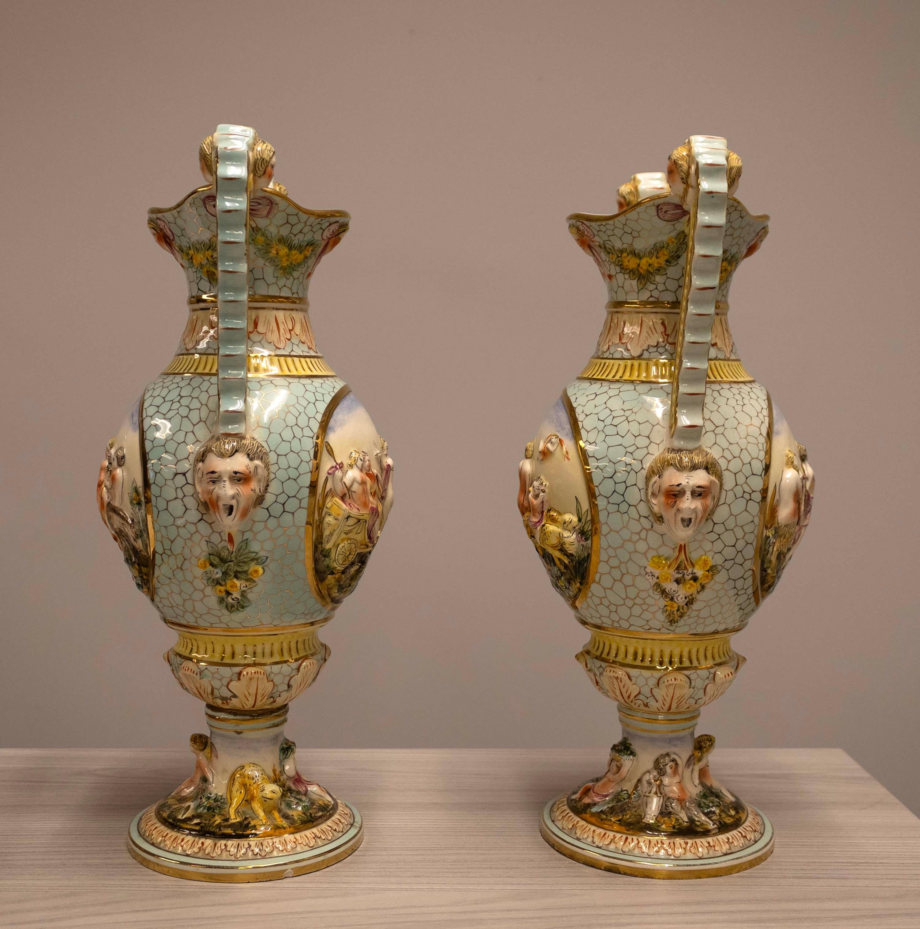 Antique Capodimonte Pair Ornate Classical Design Porcelain Vessels 2090 Italy In Good Condition For Sale In Keego Harbor, MI