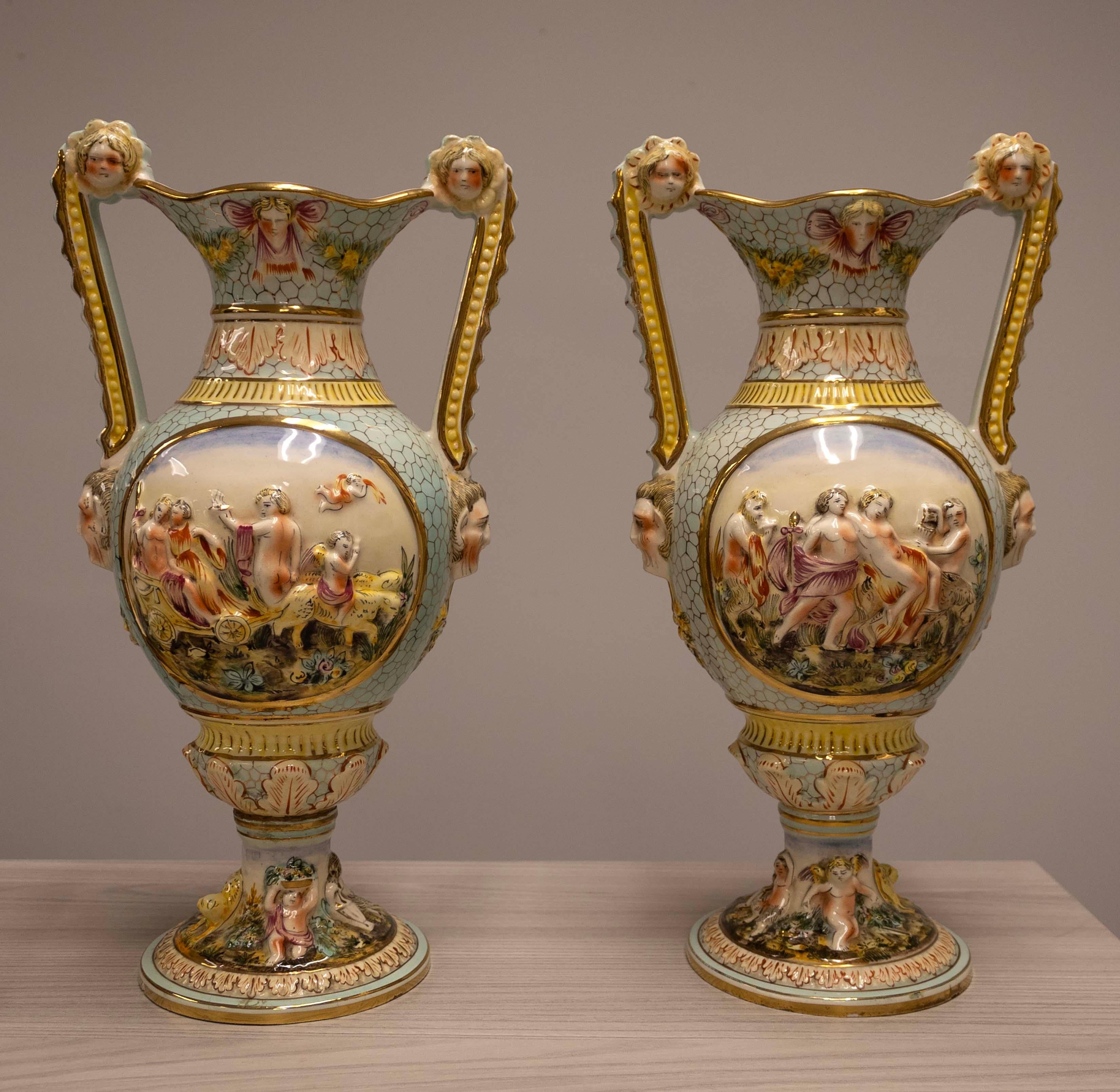 20th Century Antique Capodimonte Pair Ornate Classical Design Porcelain Vessels 2090 Italy For Sale