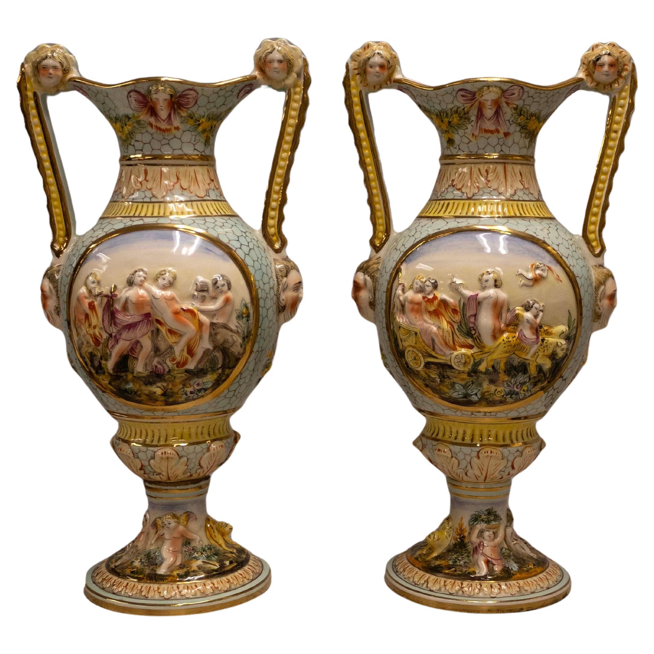 Antique Capodimonte Pair Ornate Classical Design Porcelain Vessels 2090 Italy For Sale