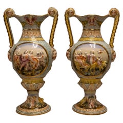 Antique Capodimonte Pair Ornate Classical Design Porcelain Vessels 2090 Italy