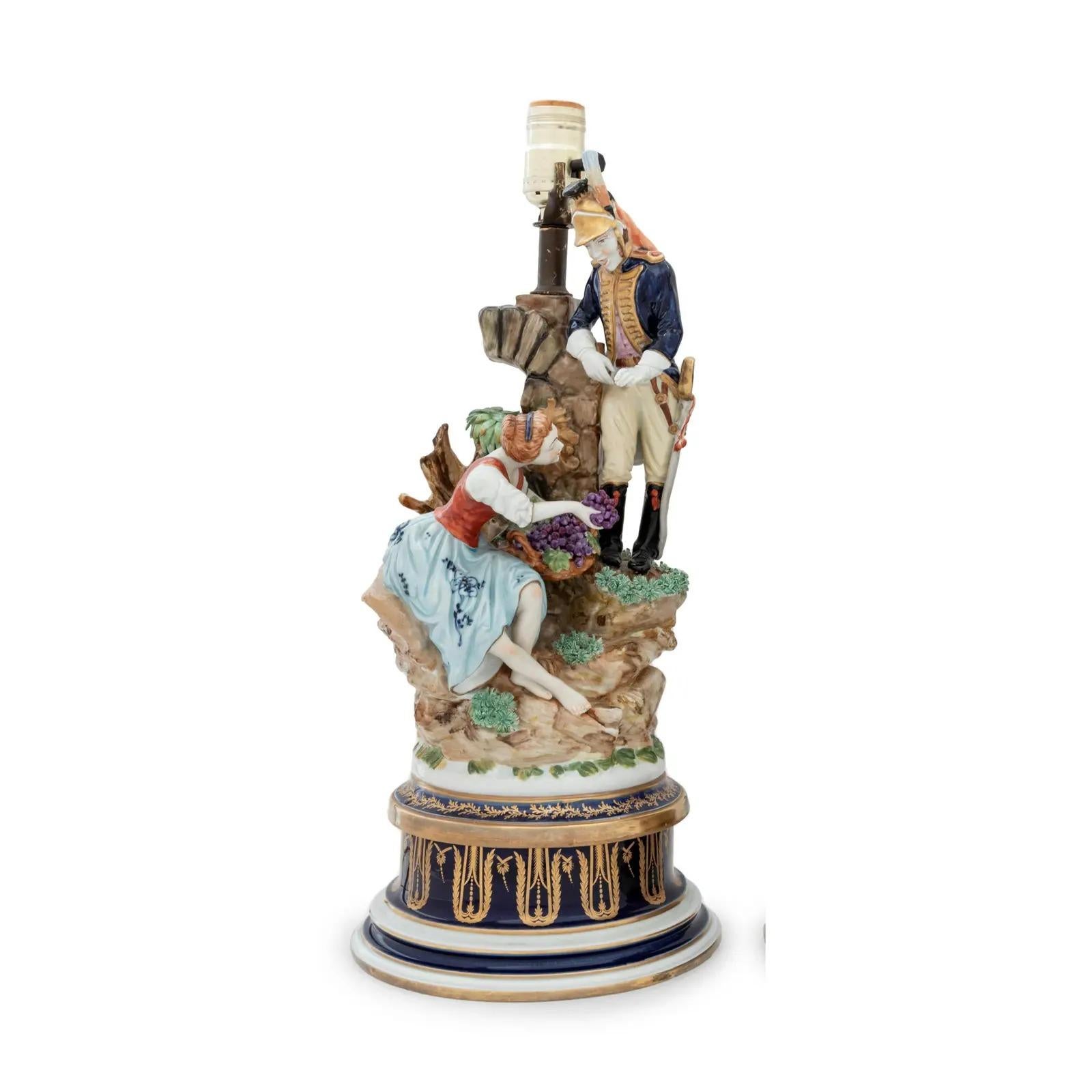 Antique Capodimonte Porcelain figural group designer lamp

Additional information:
Materials: Porcelain
Color: Sky Blue
Brand: Capodimonte
Period: early 19th century
Styles: Figurative
Lamp Shade: Included
Item Type: Vintage, Antique or
